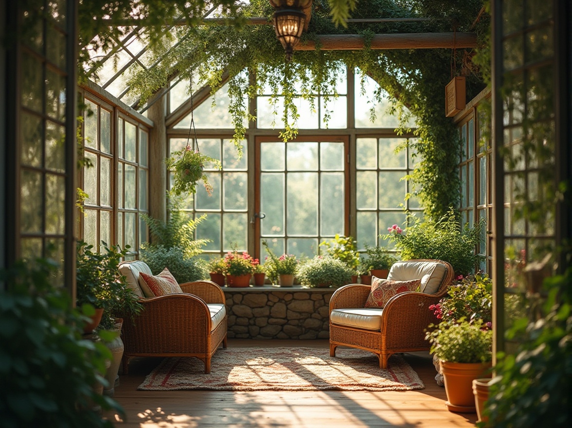 Prompt: Greenhouse regionalism style, serene atmosphere, lush greenery, warm natural light, wooden frames, vintage metal fixtures, intricate trellis details, delicate flower patterns, soft pastel colors, cozy reading nook, comfortable wicker furniture, potted plants, hanging vines, rustic stone walls, earthy tones, tranquil ambiance, 3/4 composition, panoramic view, soft focus, warm lighting, morning dew, misty atmosphere.