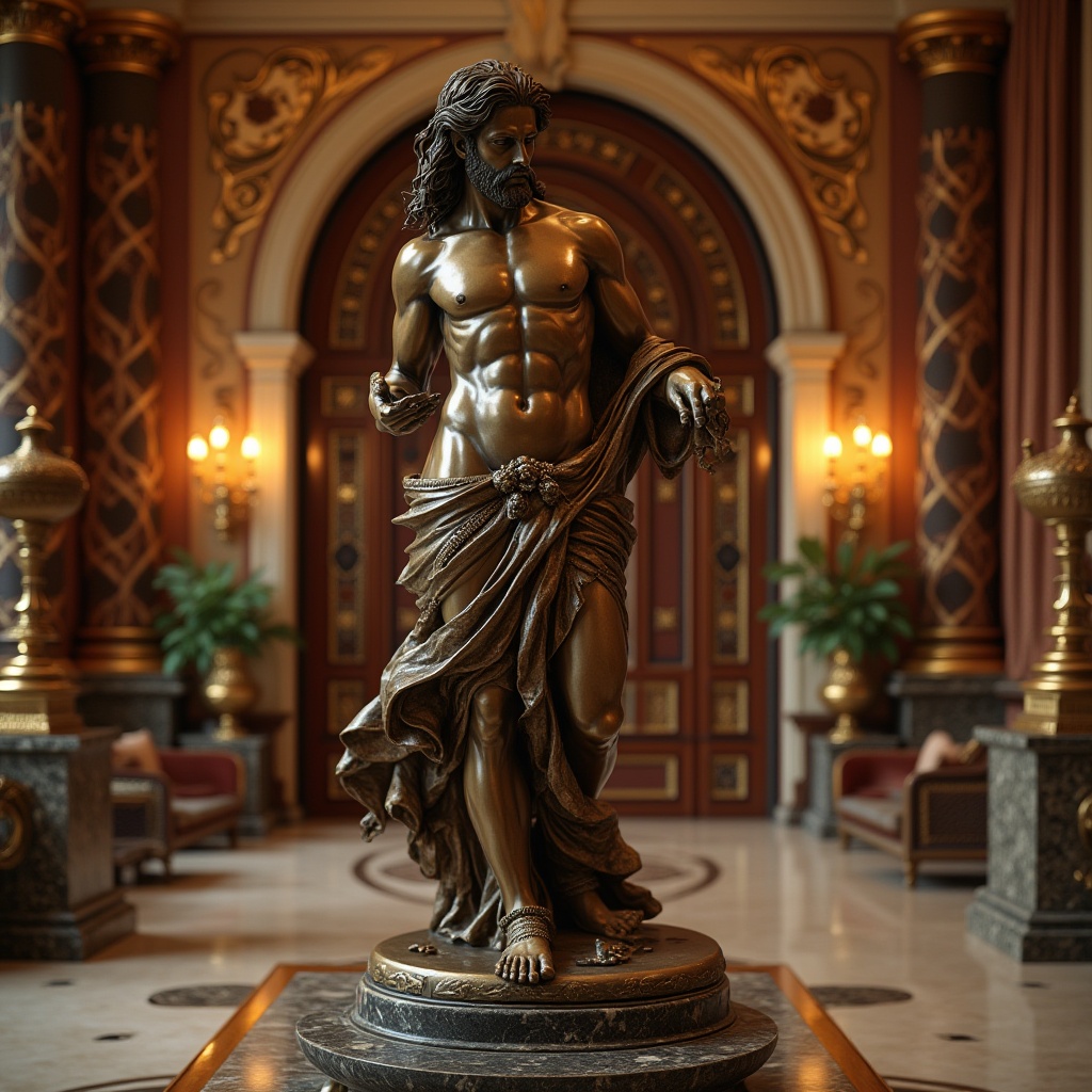 Prompt: Bronze statue, luxurious interior, ornate details, ancient Greece inspiration, museum quality, intricate patterns, warm golden lighting, marble floor, grandiose columns, lavish furnishings, velvet drapes, bronze vases, decorative accents, metallic sheen, high-end ambiance, sophisticated atmosphere, exquisite craftsmanship.