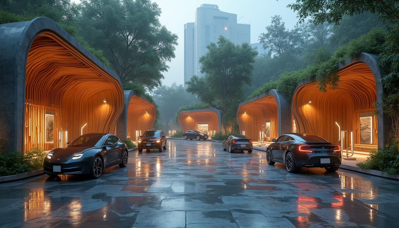 Prompt: Urban charging station, futuristic design, organic architecture, curved lines, smooth surfaces, natural materials, reclaimed wood, living walls, green roofs, urban jungle, cityscape, electric vehicles, sleek cars, modern streetlights, neon lights, vibrant colors, dynamic angles, low-angle shot, warm lighting, misty atmosphere, eco-friendly, sustainable energy.