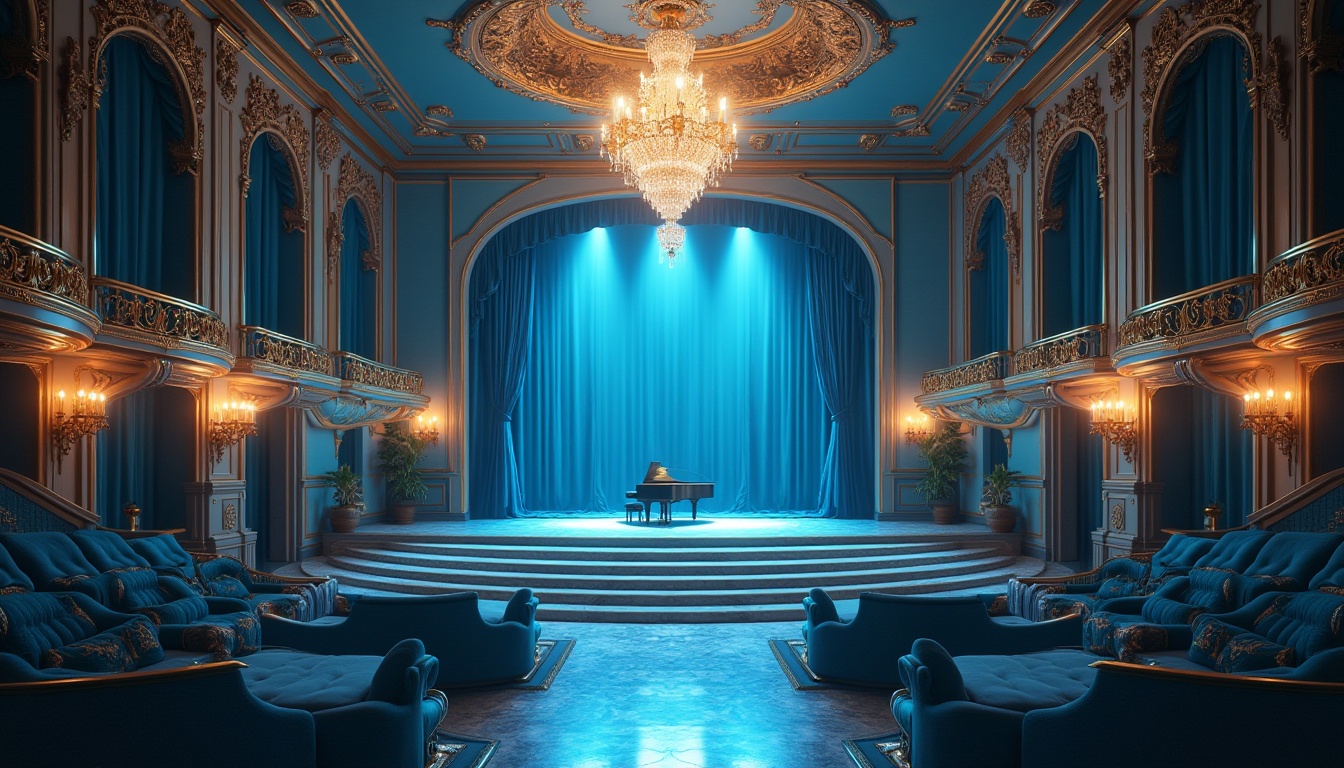 Prompt: Powder blue music venue, luxurious interior, high ceiling, grand chandelier, velvet drapes, golden accents, marble floor, powder blue walls, soft cushioned seats, ornate metal railings, grand piano center stage, spotlights shining down, dark blue carpet, majestic staircases, VIP lounge area, intimate atmosphere, warm ambient lighting, 3/4 composition, cinematic angle.