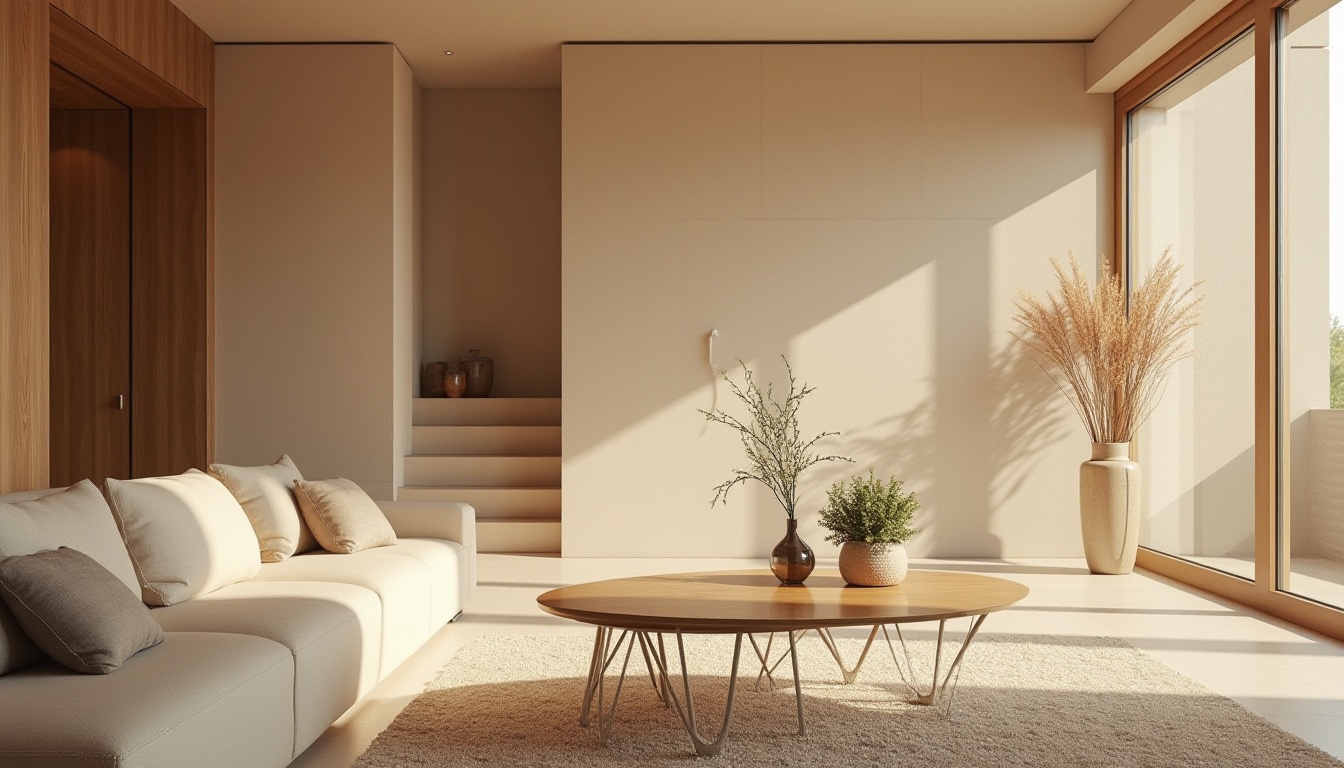 Prompt: Sand-casted materials, modern interior design, luxurious villa, warm beige walls, minimalist furniture, sleek coffee table, glass vase with succulents, natural light pouring through floor-to-ceiling windows, soft beige carpet, ambient lighting, 3/4 composition, shallow depth of field, warm tone, realistic texture, highly detailed background.