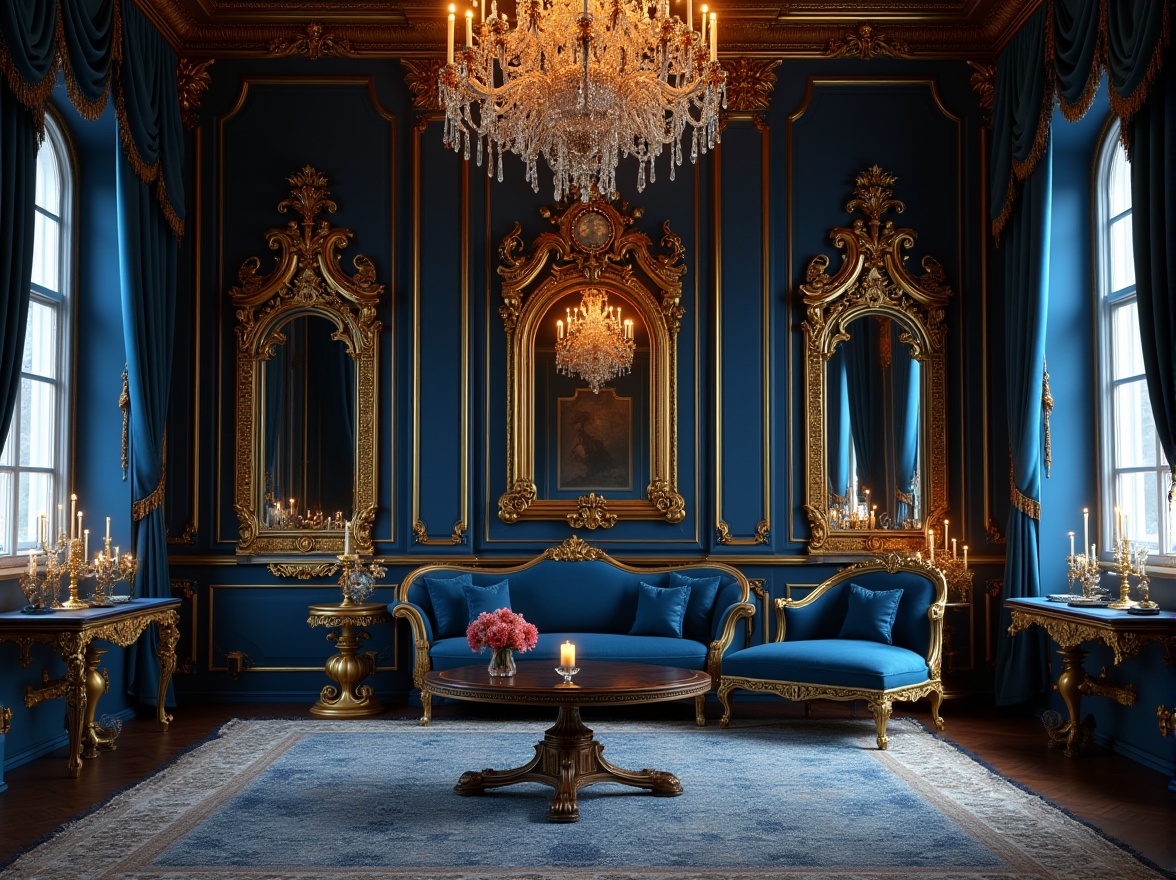 Prompt: Baroque style interior, luxurious navy blue walls, golden ornate frames, intricate carvings, velvet navy blue drapes, tassel details, majestic crystal chandelier, richly polished dark wood furniture, ornate mirrors, lavish furnishings, regal atmosphere, dramatic lighting, warm candlelight, 3/4 composition, low-angle shot, soft focus, Renaissance-inspired architecture.