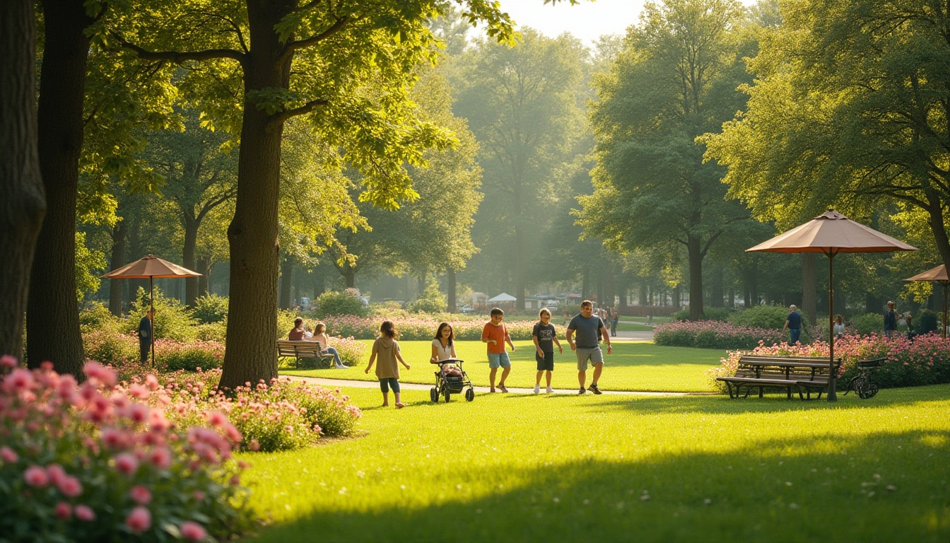 Prompt: Serene park scenery, Gainsboro color palette, warm beige tone, lush green grass, vibrant flowers in bloom, tall trees with dense foliage, wooden benches, meandering walking paths, children playing tag, mothers pushing strollers, happy couples having picnics, sunny afternoon, soft gentle lighting, warm atmosphere, natural textures, 3/4 composition, panoramic view.