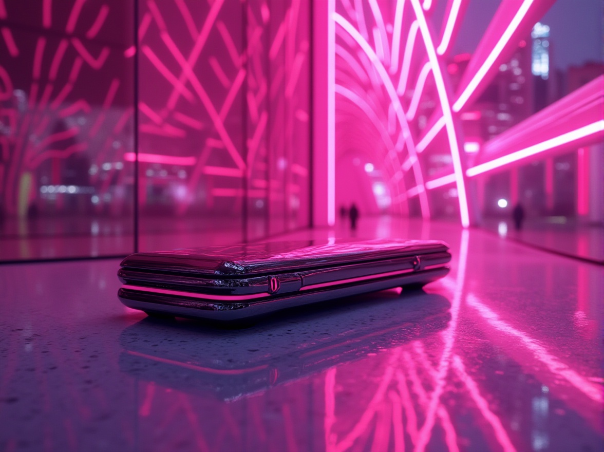 Prompt: Futuristic product design, vibrant fuchsia color scheme, metallic materials, sleek lines, minimalistic background, abstract composition, bold typography, modern cityscape, neon lights reflecting off glass surfaces, low-angle shot, dramatic shadows, high-contrast lighting, 3D modeling, futuristic architecture, holographic display.