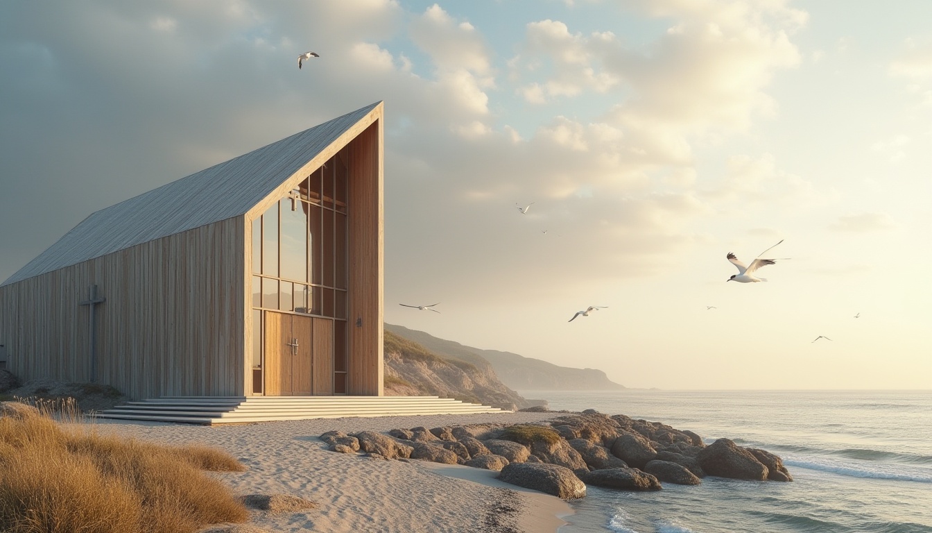 Prompt: Coastal church, modern architecture, wooden structure, Chukum material walls, large glass windows, natural light, minimalist interior, simple cross, calm atmosphere, seaside location, sandy beach, rocky shores, seagulls flying overhead, gentle ocean breeze, cloudy sky, warm sunlight, 3/4 composition, low-angle shot, soft focus, serene ambiance.