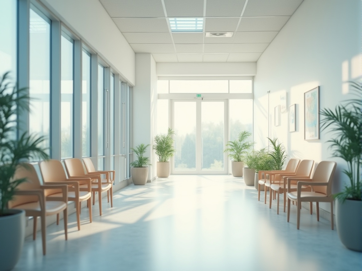 Prompt: hospital corridor, minimalistic interior design, clean white walls, large windows, natural light pouring in, rows of simple wooden chairs, sparse greenery, subtle LED lighting, quiet atmosphere, medical equipment subtly integrated, stainless steel surfaces, gentle curves, soft shadows, empty spaces, calm ambiance, shallow depth of field, cinematic composition, bright morning light, realistic rendering.