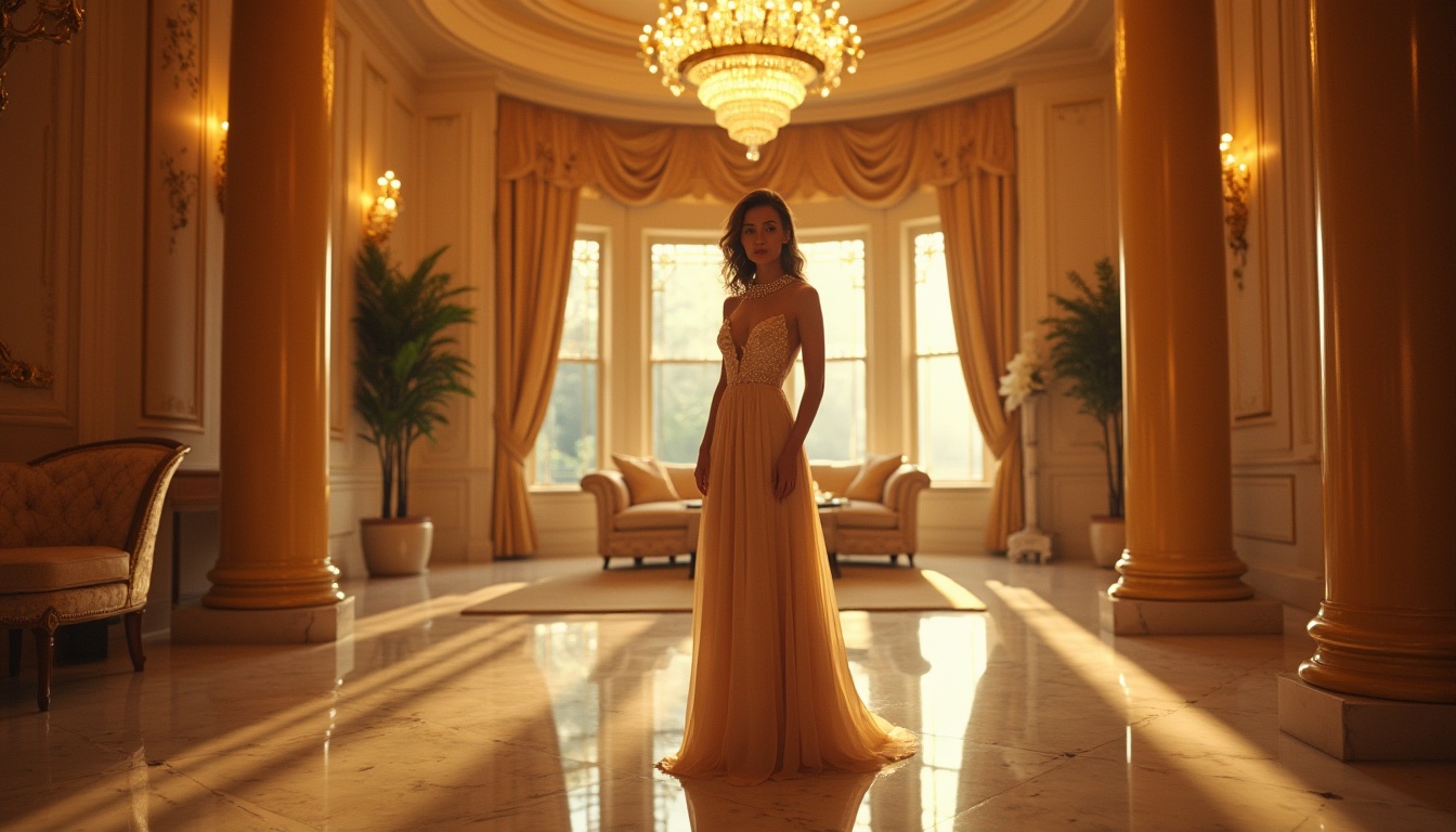 Prompt: Luxurious interior, golden color palette, elegant ambiance, ornate chandelier, velvet curtains, marble floor, intricate patterns, lavish furniture, solo mature lady, sophisticated hairstyle, pearl necklace, high-end evening gown, stilettos, posing elegantly, luxurious villa, afternoon soft light, warm glow, shallow depth of field, cinematic composition.