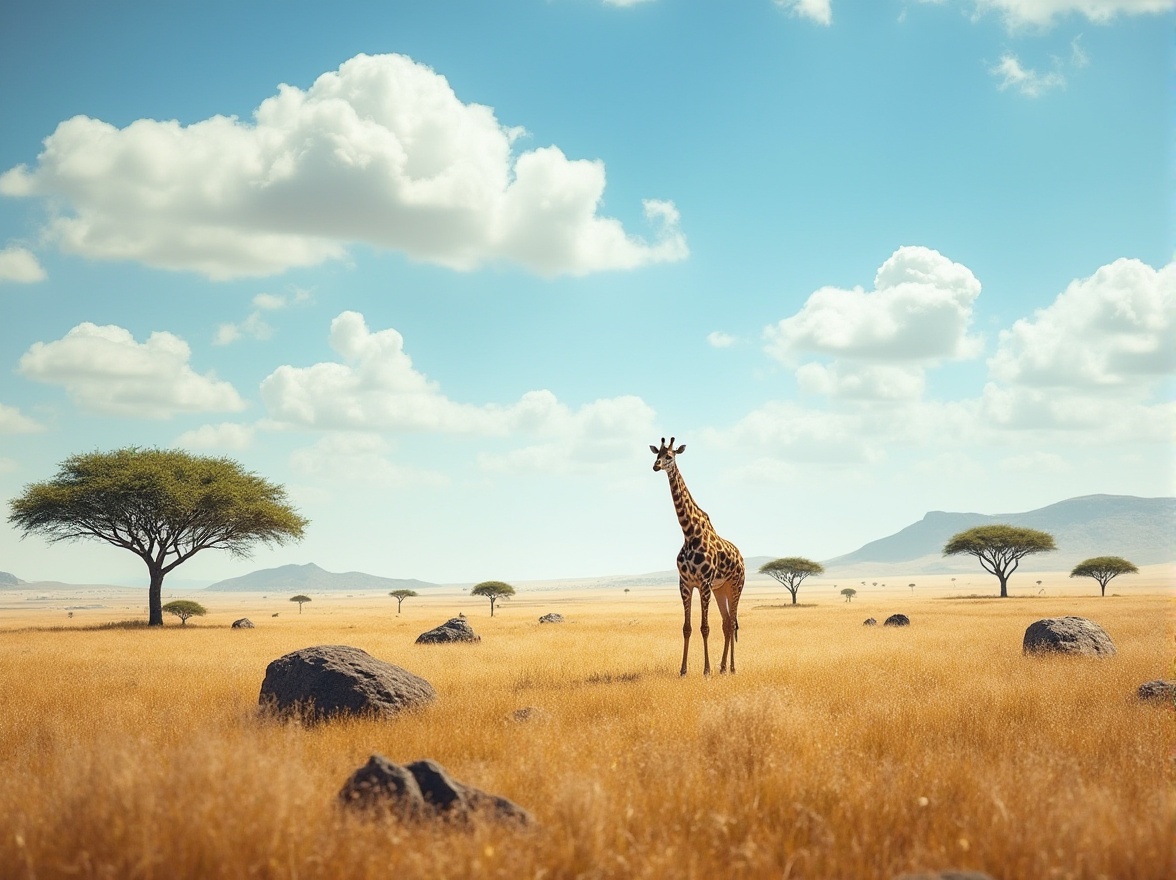 Prompt: Savanna environment, warm sunny day, endless grasslands, acacia trees scattered, few rocks and boulders, a giraffe roaming freely, blue sky with white puffy clouds, 3/4 composition, low angle shot, soft natural lighting, cinematic mood, warm color palette, detailed textures, realistic rendering.