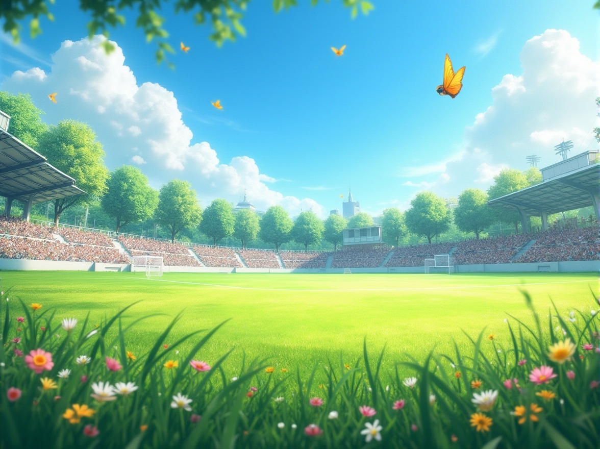 Prompt: Vibrant green meadow, sunny day, clear blue sky, fluffy white clouds, lush grass, diverse wildflowers in bloom, butterflies fluttering, gentle breeze, sports stadium seating, athletic track, soccer goalposts, tennis nets, basketball hoops, sports equipment scattered, happy cheering crowd, athletes in action, dynamic movement, natural light, warm atmosphere, 3/4 composition, shallow depth of field.