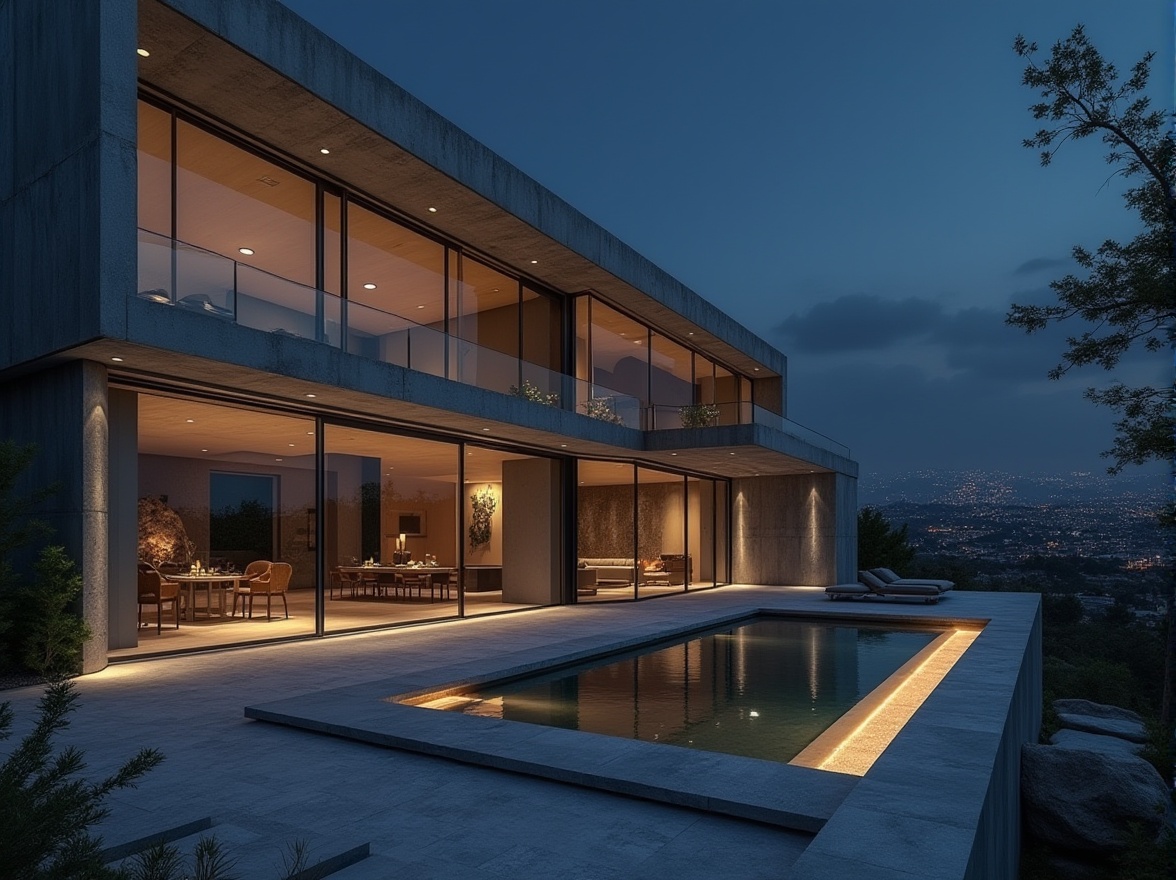 Prompt: Modern residential design, luxury villa, sleek lines, concrete walls, large windows, sliding glass doors, minimalist interior, polished concrete floor, industrial chic, urban landscape, cityscape, night scene, dramatic lighting, low-angle shot, 3/4 composition, cinematic mood, brutalist architecture, functional simplicity.