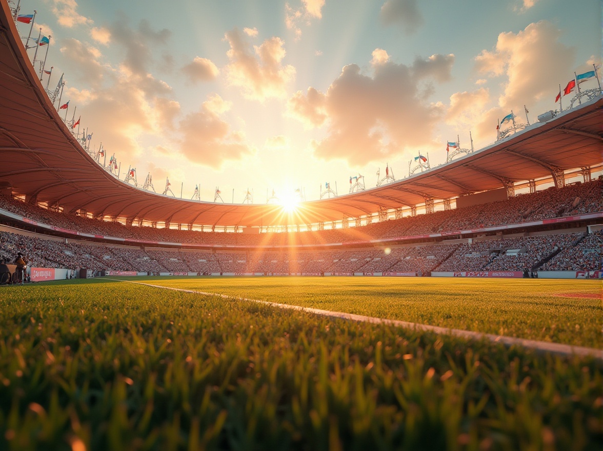 Prompt: Peach color, stadium, unique choice, futuristic architecture, grandstand seating, vibrant atmosphere, summer evening, soft warm lighting, gentle breeze, fluttering flags, lush green grass, athletic tracks, sports equipment, excited crowd, dynamic composition, low-angle shot, cinematic mood.