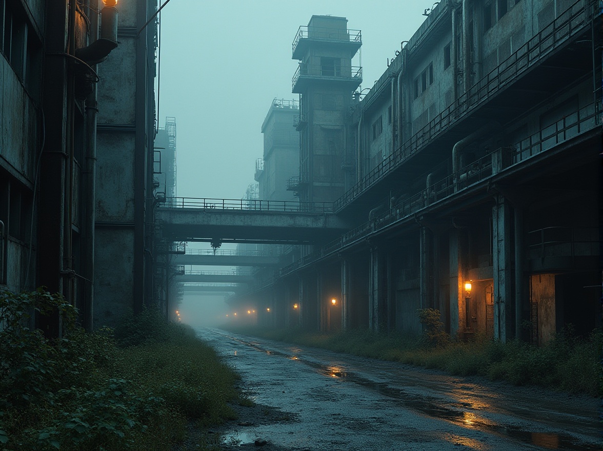 Prompt: Industrial area, urban planning, modern architecture, concrete buildings, steel frames, warehouse, factory, pipes, machinery, catwalks, railings, warning signs, floodlights, nighttime, dramatic shadows, misty atmosphere, foggy, industrial landscape, abandoned factories, rusty equipment, broken windows, overgrown vegetation, nature reclaiming, urban decay.