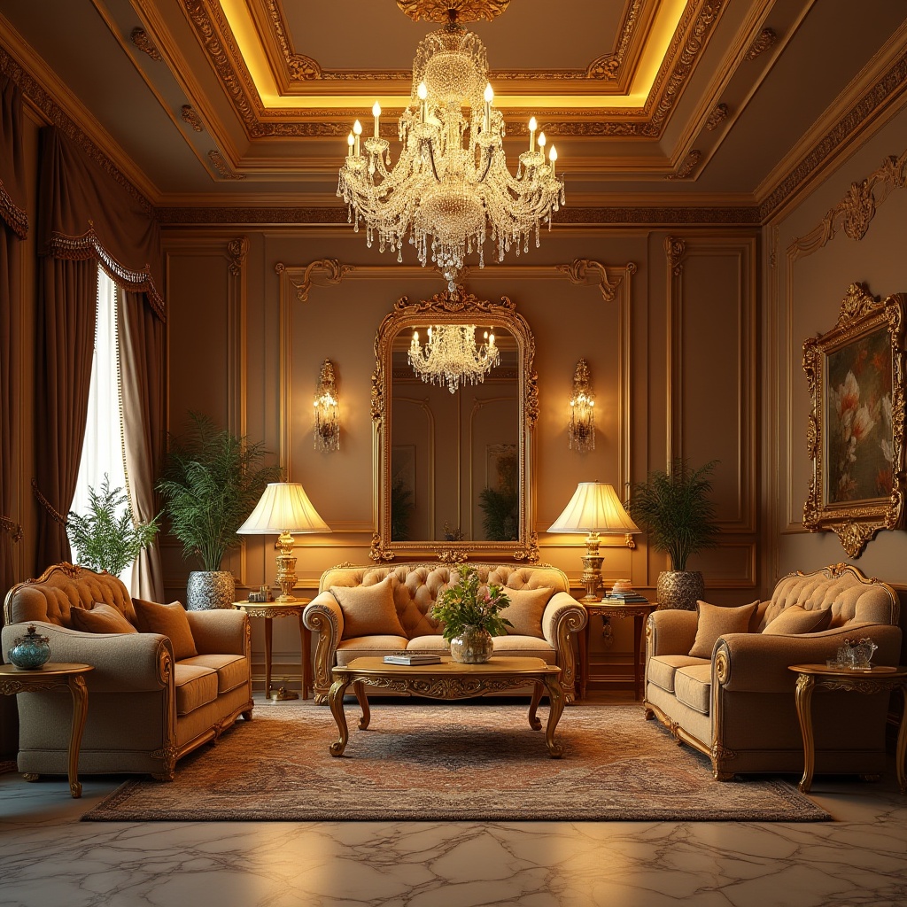 Prompt: Luxurious interior, golden decorations, lavish furniture, velvet sofa, crystal chandelier, marble floor, ornate mirror frame, golden picture frames, expensive vases, luxurious carpets, intricate patterns, soft warm lighting, 3/4 composition, shallow depth of field, cinematic ambiance, high-end lifestyle, wealthy atmosphere.