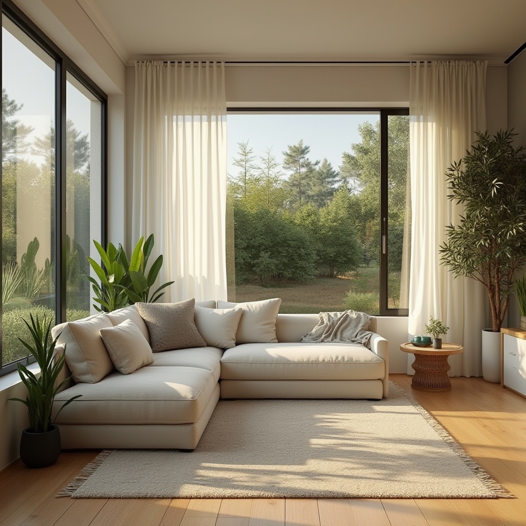 Prompt: Functional residential spaces, modern minimalist interior design, large windows, natural light pouring in, wooden flooring, comfortable sectional sofa, greenery plants, minimal ornaments, simple lines, neutral color palette, warm ambient lighting, 3/4 composition, medium shot, cozy atmosphere, villa setting, suburban area, quiet neighborhood, morning sunlight.