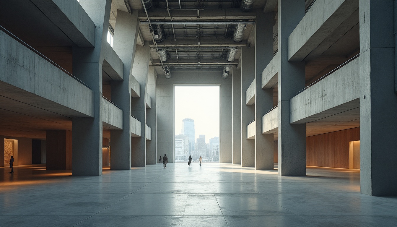 Prompt: Brutalist architecture, exhibition center, modern art museum, concrete structure, geometric shapes, raw textures, industrial materials, bold lighting, dramatic shadows, futuristic atmosphere, minimalist interior, vast open spaces, steel beams, exposed ductwork, polished concrete floors, urban surroundings, cityscape views, daytime natural light, cinematic composition, low-angle shot, symmetrical framing, high-contrast colors.