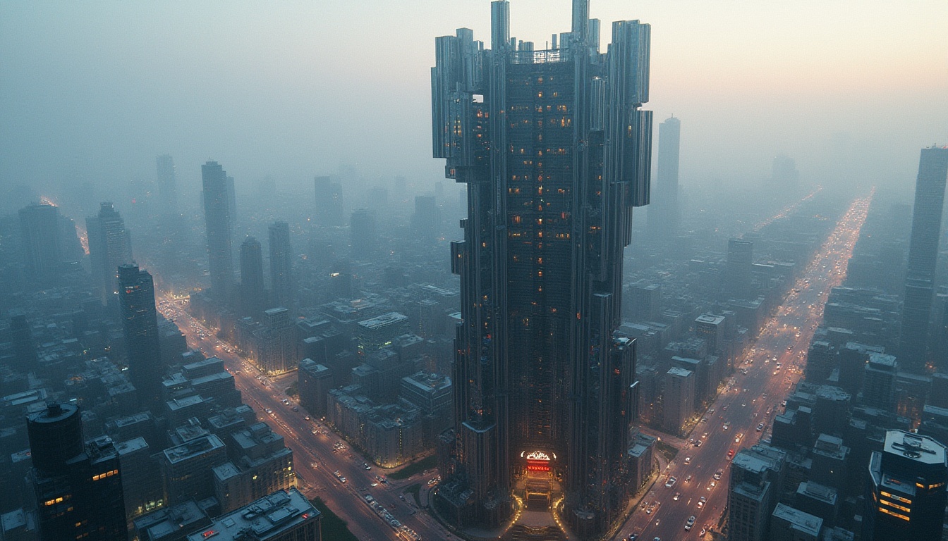 Prompt: Deconstructivist skyscraper, futuristic cityscape, irregular shapes, fragmented structures, abstract geometry, metallic materials, glass facades, neon lights, urban landscape, busy streets, fast-paced lifestyle, modern technology integration, innovative architecture, dynamic angles, unconventional composition, dramatic lighting, atmospheric haze, misty morning, birds-eye view, cinematic feel.