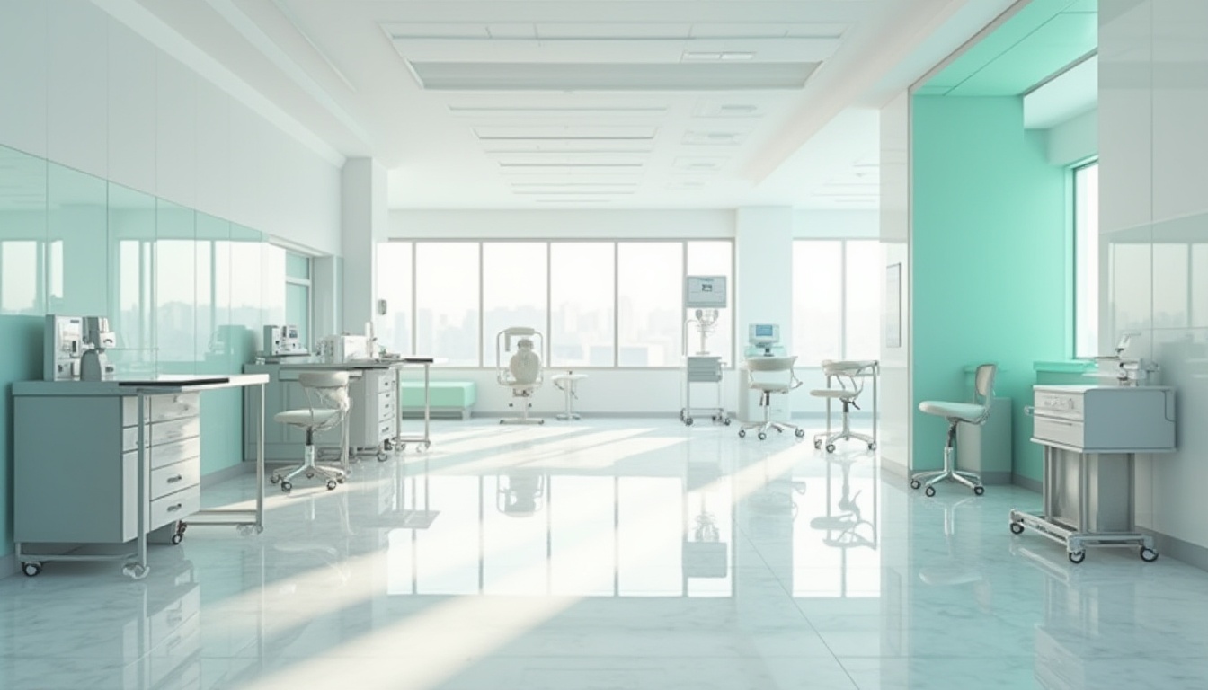 Prompt: Modern hospital interior, minimalism style, white walls, polished marble floors, sleek silver medical equipment, stainless steel tables, ergonomic chairs, soft pastel green accents, natural light pouring in through large windows, subtle shadows, clean lines, empty spaces, calm atmosphere, gentle curves, rounded corners, sterile environment, soft focus, shallow depth of field, neutral color palette, 3/4 composition, symmetrical balance, architectural photography.