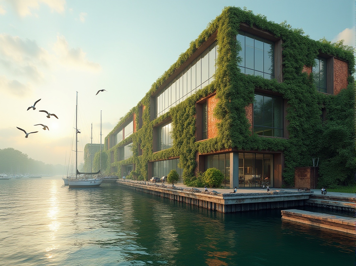 Prompt: Lakefront factory, green architecture, modern industrial building, copper material accents, rusty tone, oxidized texture, large windows, transparent glass, steel frames, ivy-covered walls, lush greenery, waterfront location, serene lake view, sailboats and yachts docked, seagulls flying overhead, warm sunlight reflection on rippling water, gentle morning mist, 3/4 composition, natural lighting, panoramic view.