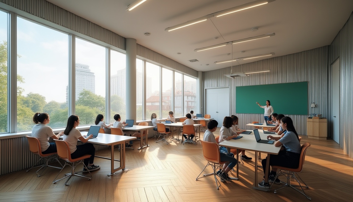 Prompt: Modern school building, corrugated metal wall, silver color, industrial style, large windows, natural light, minimalist interior design, wooden floors, students sitting at tables, laptops open, teacher standing, green blackboard, white ceiling, fluorescent lighting, urban background, cityscape view, afternoon sunlight, shallow depth of field, realistic rendering.