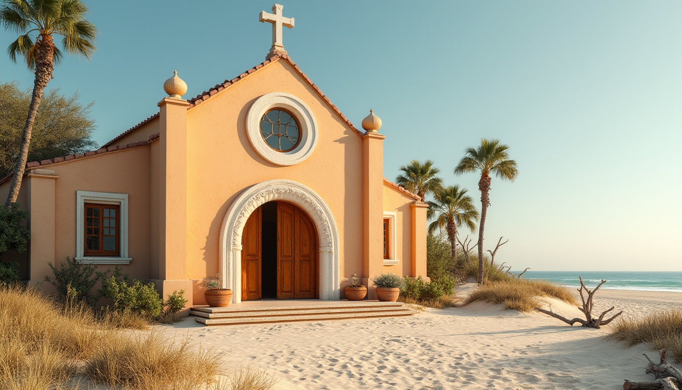 Prompt: Beach church, apricot color, warm exterior walls, soft stucco texture, white trim, ornate wooden doors, stained glass windows, coastal vegetation, palm trees, driftwood, sandy dunes, serene beach atmosphere, gentle sea breeze, warm sunlight, low-angle shot, symmetrical composition, rustic charm, natural material, earthy tone, peaceful ambiance.