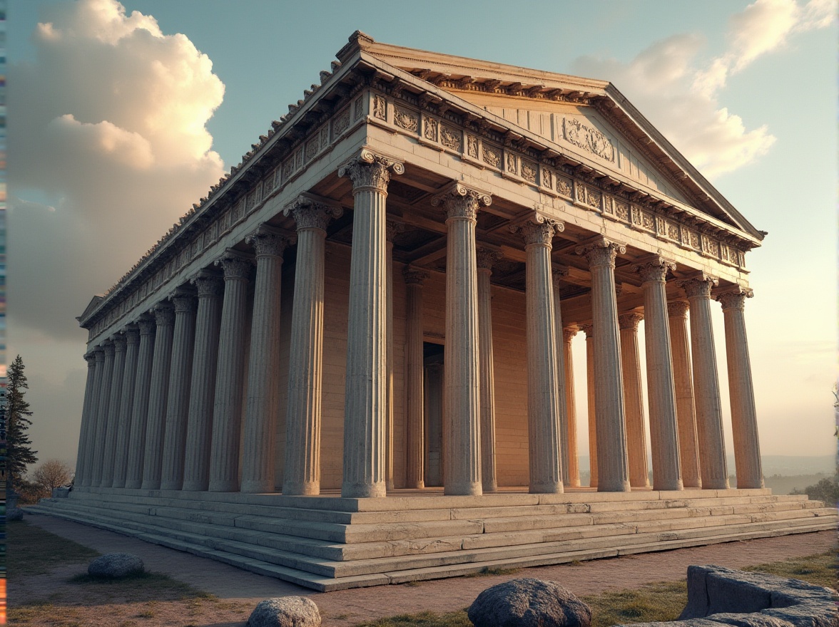 Prompt: Ancient Greek monument, elegant marble material, intricate carvings, ornate columns, grandiose structure, cloudy sky, warm sunlight, subtle shadows, dramatic lighting, high-contrast, detailed textures, luxurious atmosphere, historic landmark, Athens, Greece, Pantheon-inspired architecture, solemn ambiance, morning dew, misty air.