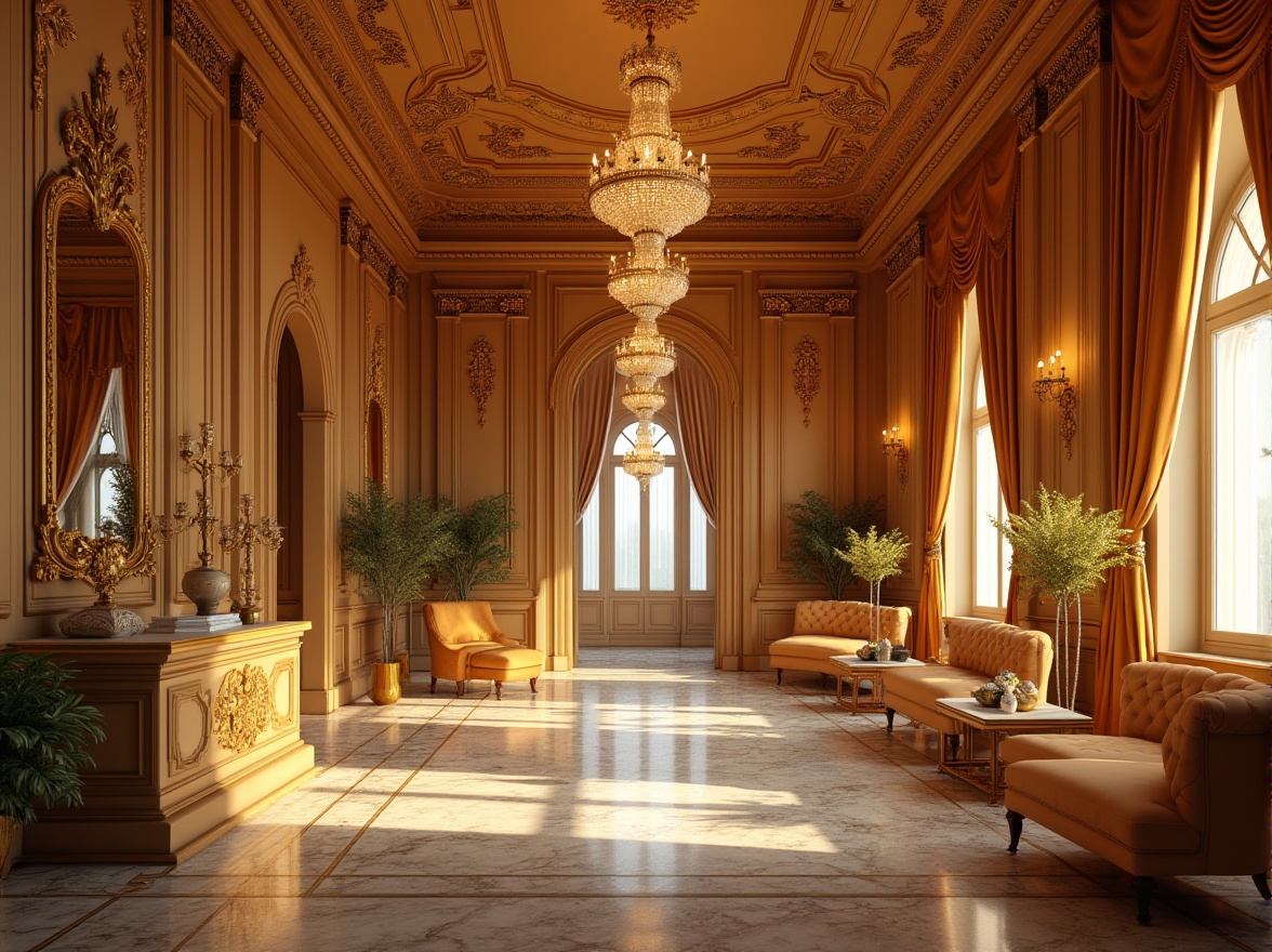 Prompt: Luxurious interior, golden colors, ornate decorations, velvet couches, marble floors, crystal chandeliers, floor-to-ceiling windows, opulent drapes, majestic archways, intricate patterns, rich textures, regal atmosphere, warm softbox lighting, 3/4 composition, shallow depth of field, cinematic ambiance.