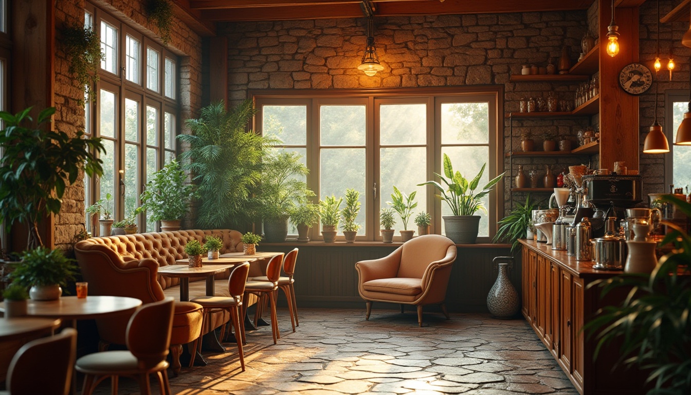 Prompt: Cozy coffee shop, regionalism style, vintage wooden decor, warm yellow lighting, rustic brick walls, antique furniture, ornate ceramic vases, lush green plants, natural stone flooring, comfortable plush armchairs, wooden tables with metal legs, steamy windows, morning sunlight, subtle aroma of freshly brewed coffee, soft background jazz music, warm atmosphere, Scandinavian-inspired minimalist decorations, wooden beams on ceiling, earthy color palette, intimate seating area, peaceful ambiance.