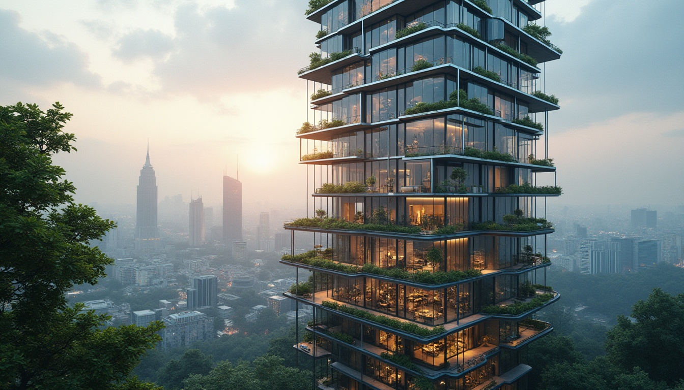 Prompt: Modern skyscraper, sustainable design, steel-framed materials, green architecture, eco-friendly, urban landscape, cityscape, reflective glass windows, sleek metal beams, minimalist exterior, geometric shapes, cantilevered floors, rooftop garden, solar panels, wind turbines, recyclable materials, low-carbon footprint, natural ventilation system, abundant daylight, open floor plan, industrial chic interior, exposed ductwork, polished concrete floor, reclaimed wood accents, panoramic city view, dusk lighting, atmospheric haze, cinematic composition.