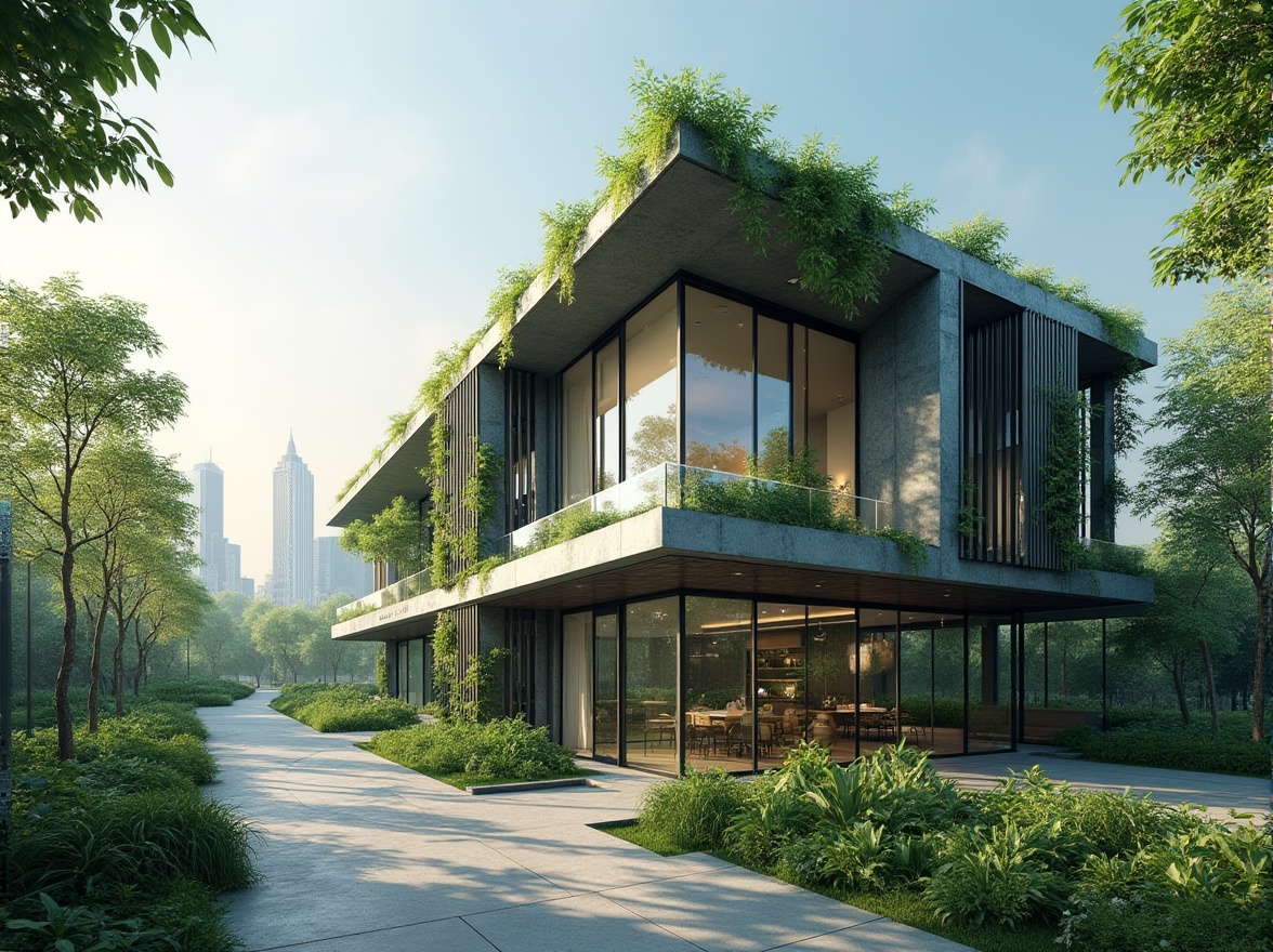 Prompt: Modern, eco-friendly architecture, steel-framed structure, sustainable design, green building, recyclable materials, low-carbon footprint, sleek lines, silver-gray metal, glass facade, lush greenery, urban landscape, city skyline, sunny day, soft natural light, 3/4 composition, shallow depth of field, realistic rendering, cinematic atmosphere.