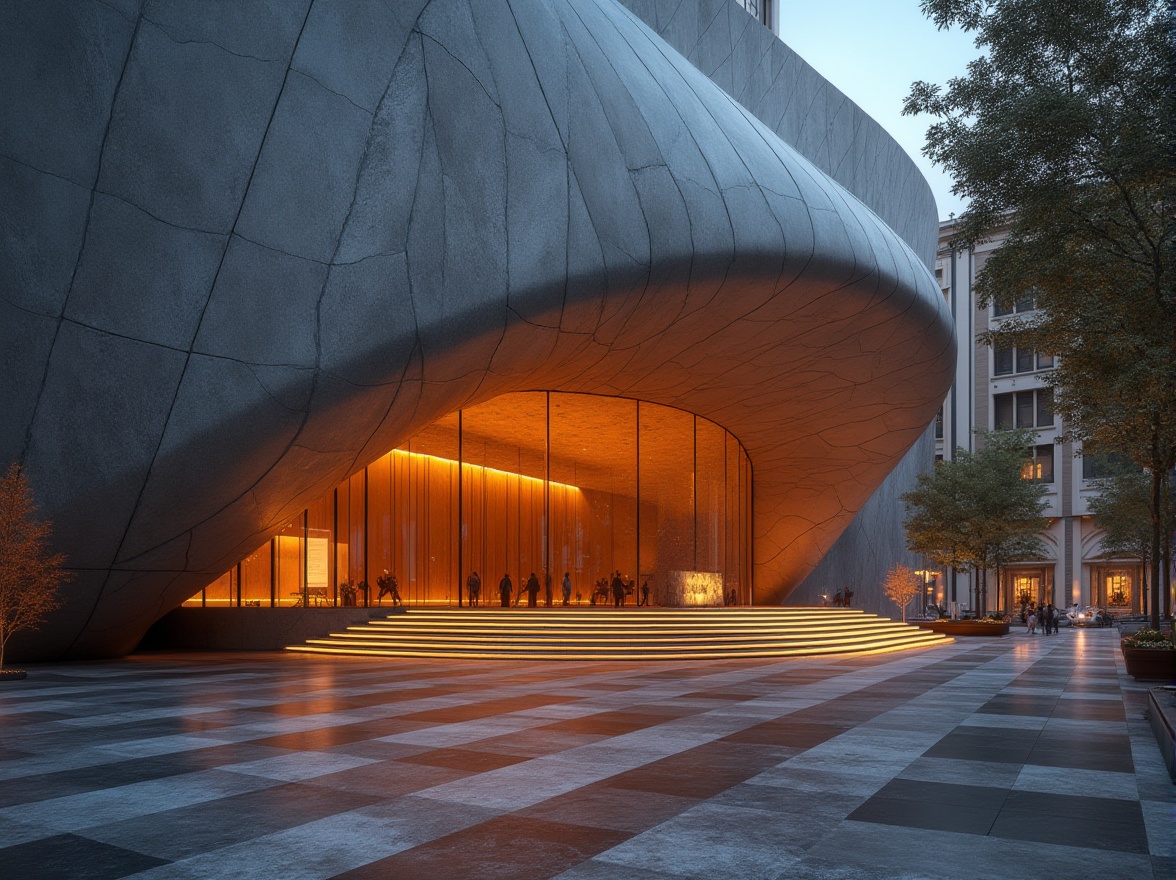 Prompt: Urban concert house, modern architecture, granite material, sleek lines, geometric shape, monumental entrance, grand staircase, polished floor, rustic texture, natural pattern, warm ambient lighting, soft focus, 3/4 composition, low-angle shot, dramatic shadows, evening atmosphere, cityscape background, skyscrapers, bustling streets.