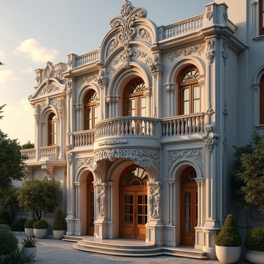 Prompt: Ornate building facade, Art Nouveau style, intricate patterns, flowing curves, organic forms, plastered concrete texture, ornamental details, floral motifs, sinuous lines, decorative arches, grand entrance, imposing columns, luxurious villa, morning sunlight, soft warm lighting, high-angle shot, detailed close-up, rich ornamentation, 3D sculptural effect.