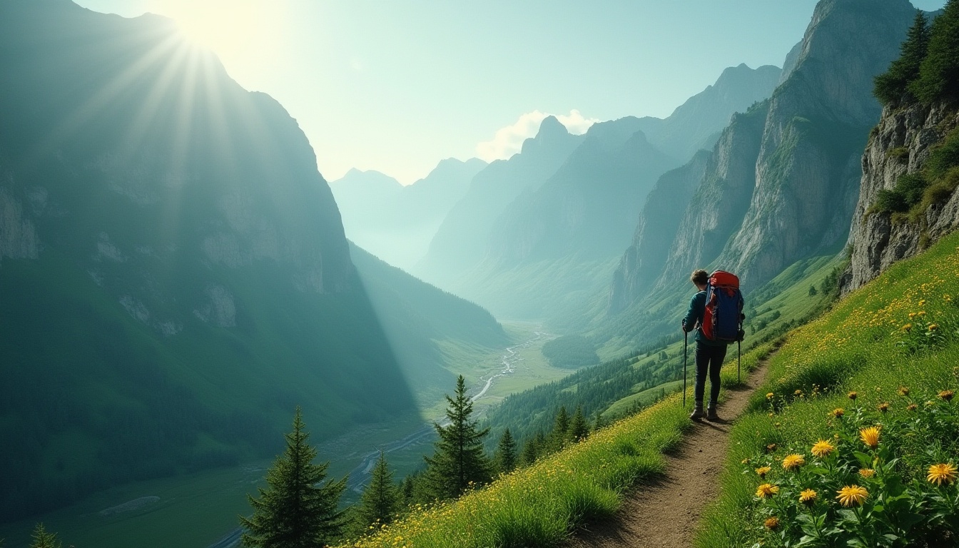 Prompt: Lime green, mountainous landscape, steep cliffs, rugged rocks, misty atmosphere, vast wilderness, dramatic lighting, cinematic composition, 3/4 view, majestic scenery, serene environment, lush greenery, vibrant flowers, winding mountain roads, trekking poles, hiking backpack, outdoor gear, adventure theme.