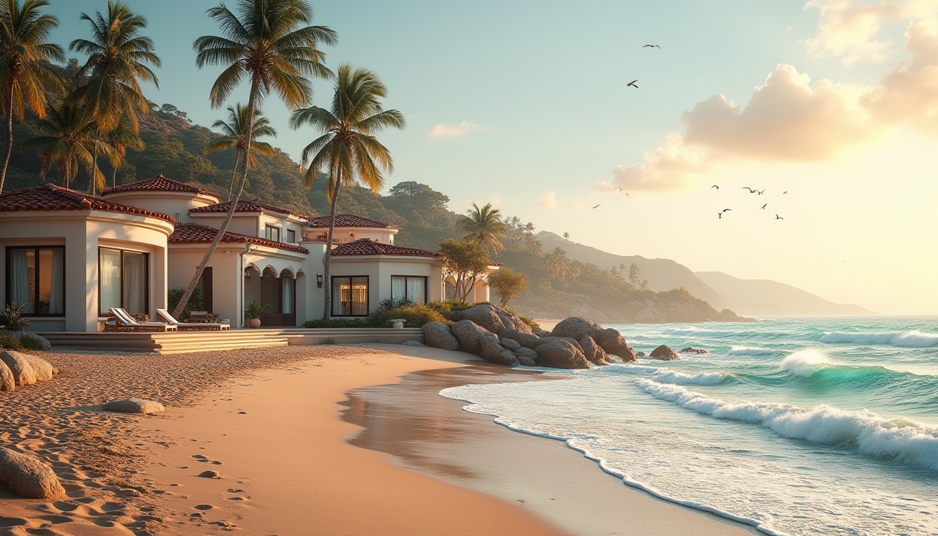 Prompt: Coastal scenery, plum-colored accents, beachside villa, Mediterranean style, curved lines, ornate decorations, large windows, white walls, terracotta roof, palm trees swaying gently, turquoise ocean waves crashing against the shore, seagulls flying overhead, warm sandy beach, sunset time, soft golden light, long shadows, 3/4 composition, atmospheric perspective, cinematic depth of field.