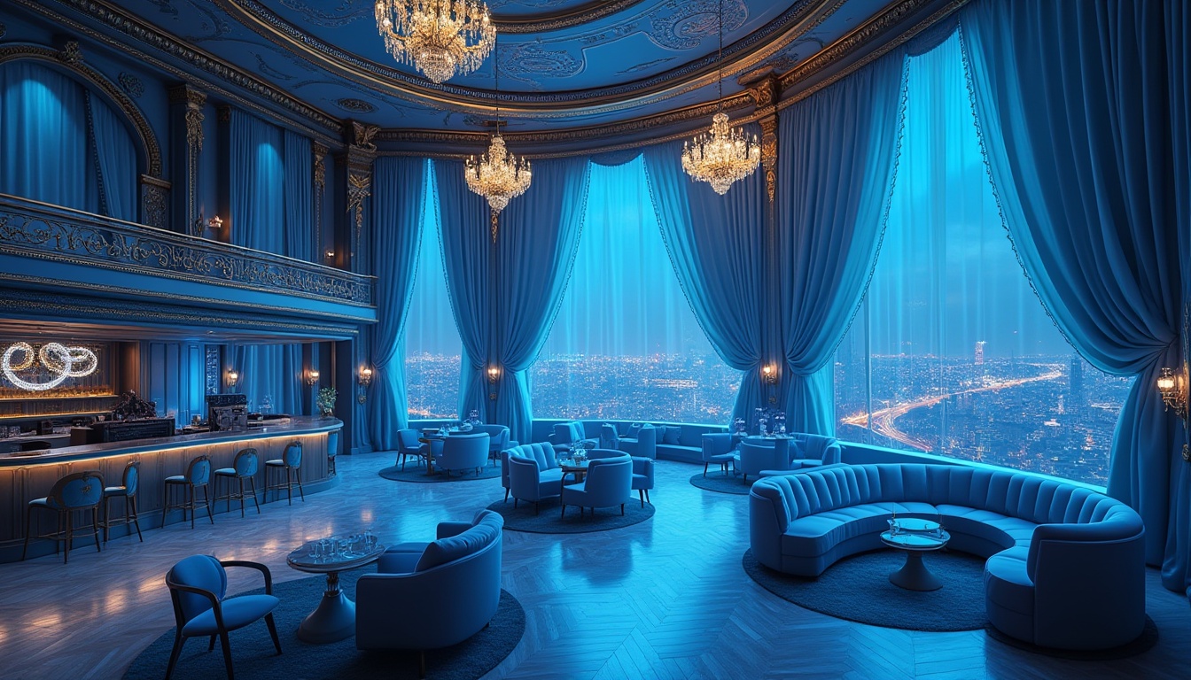 Prompt: Powder blue music venue, grandiose interior, luxurious velvet curtains, ornate golden chandeliers, intricate wood carvings, soft powder blue walls, glossy wooden floor, sleek metal railings, stylish spotlights, cozy VIP lounge area, plush powder blue sofas, elegant glass tables, artistic soundwave patterns, futuristic DJ booth, vibrant neon lights, atmospheric fog effects, panoramic cityscape view, nighttime scenery, 3/4 composition, cinematic lighting, HDR.