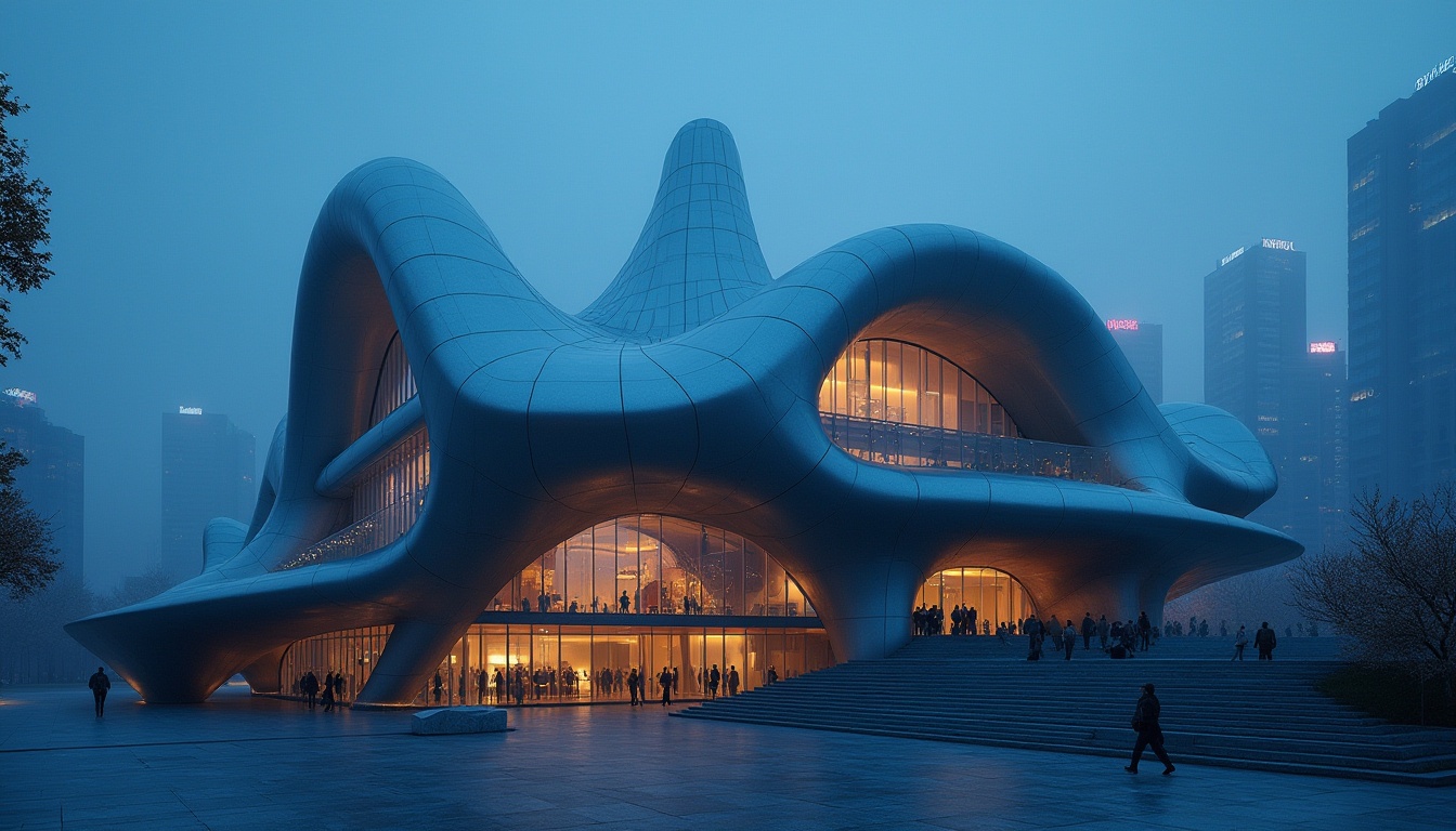 Prompt: Futuristic concert house, constructivist architecture, unique geometric shapes, irregular angles, dynamic curves, metallic materials, glass façade, LED light installations, urban landscape, cityscape, nighttime scenery, dark blue tone, misty atmosphere, low-angle shot, wide-angle lens, dramatic lighting, bold composition.