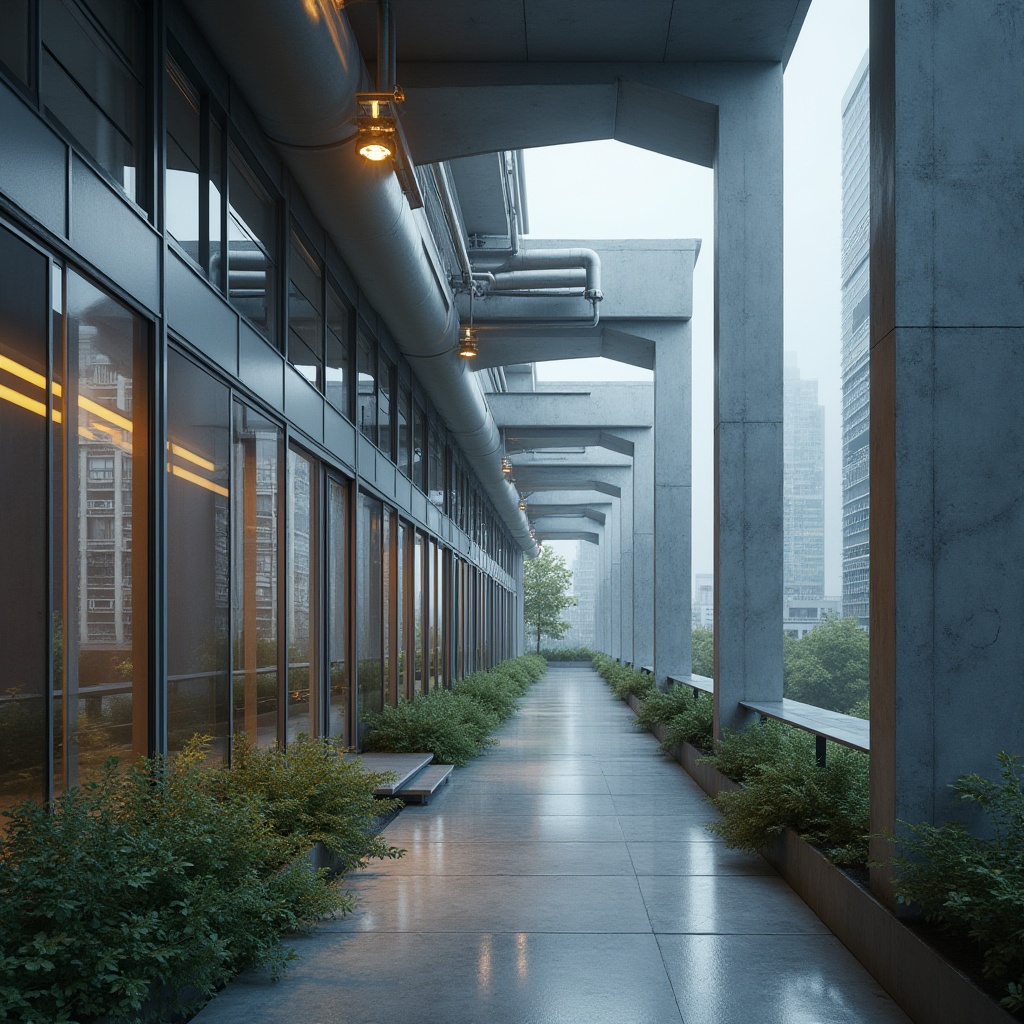 Prompt: Modern architecture, galvanized steel structure, minimalist design, industrial chic, sleek lines, metallic texture, silver-gray color, reflective surface, urban landscape, cityscape, skyscraper, rooftop garden, greenery, concrete floor, industrial lighting, overhead crane, exposed ductwork, mechanical details, high-contrast dramatic lighting, cinematic composition, low-angle shot.