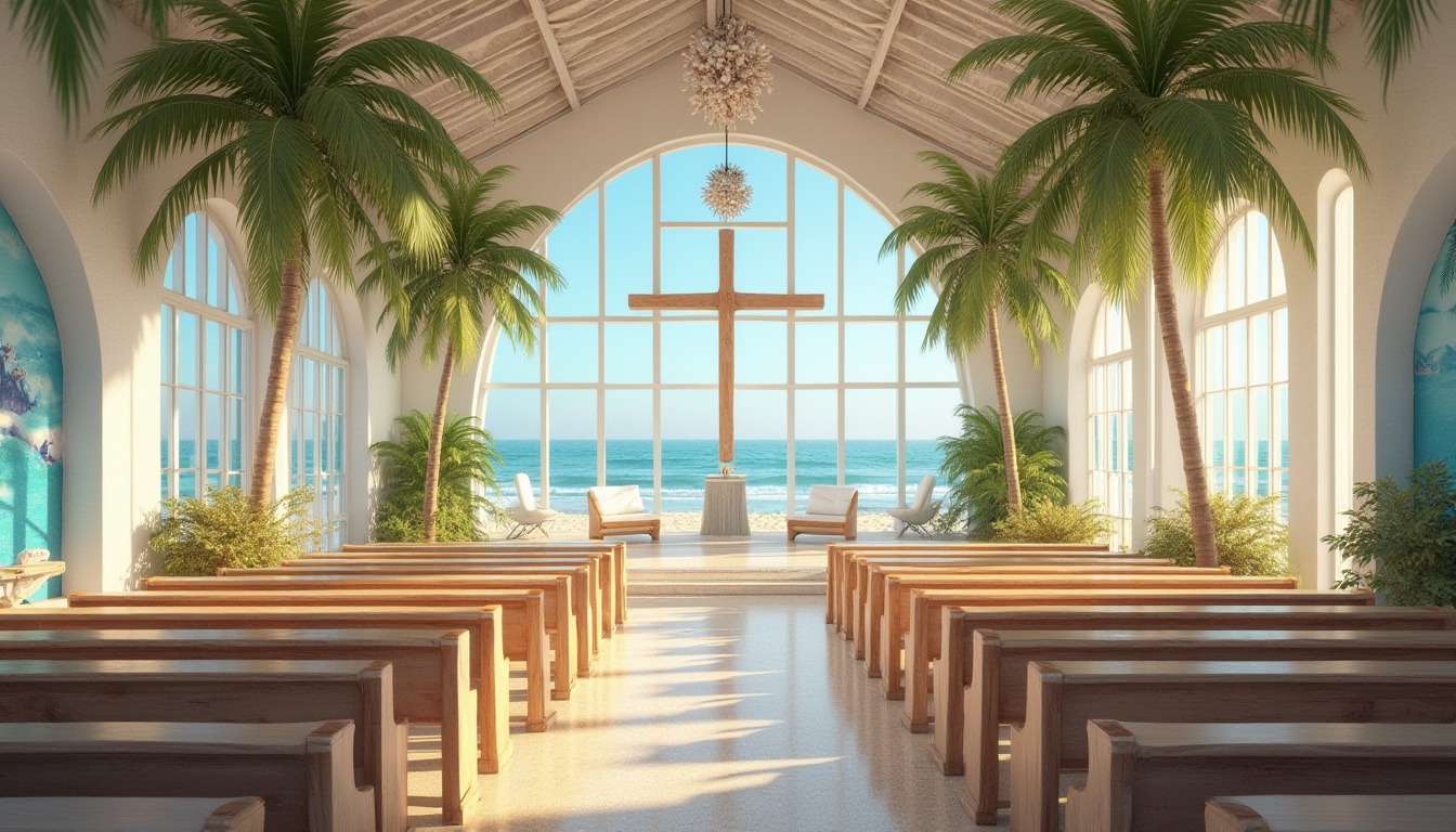 Prompt: Beachside church, coastal architecture, tropical climate, white walls, stained glass windows, wooden pews, nautical-themed decorations, seashell chandeliers, driftwood accents, ocean-inspired murals, calm ambiance, natural light pouring in, warm sandy floor, beachy color palette, palm trees surrounding, seaside landscape, sunny day, clear blue sky, gentle sea breeze, sound of waves crashing, panoramic view, 3/4 composition, soft warm lighting.