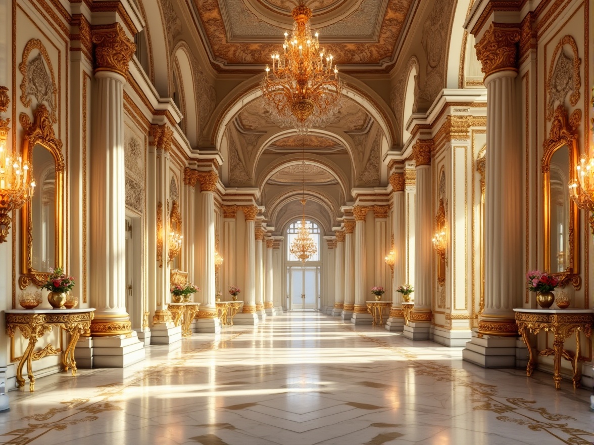 Prompt: Byzantine style, cream color, ornate details, gold accents, intricate patterns, lavish decorations, luxurious fabrics, velvet drapes, marble columns, grand chandeliers, ornate mirrors, regal atmosphere, palace interior, majestic ambiance, warm lighting, soft shadows, Renaissance inspiration.