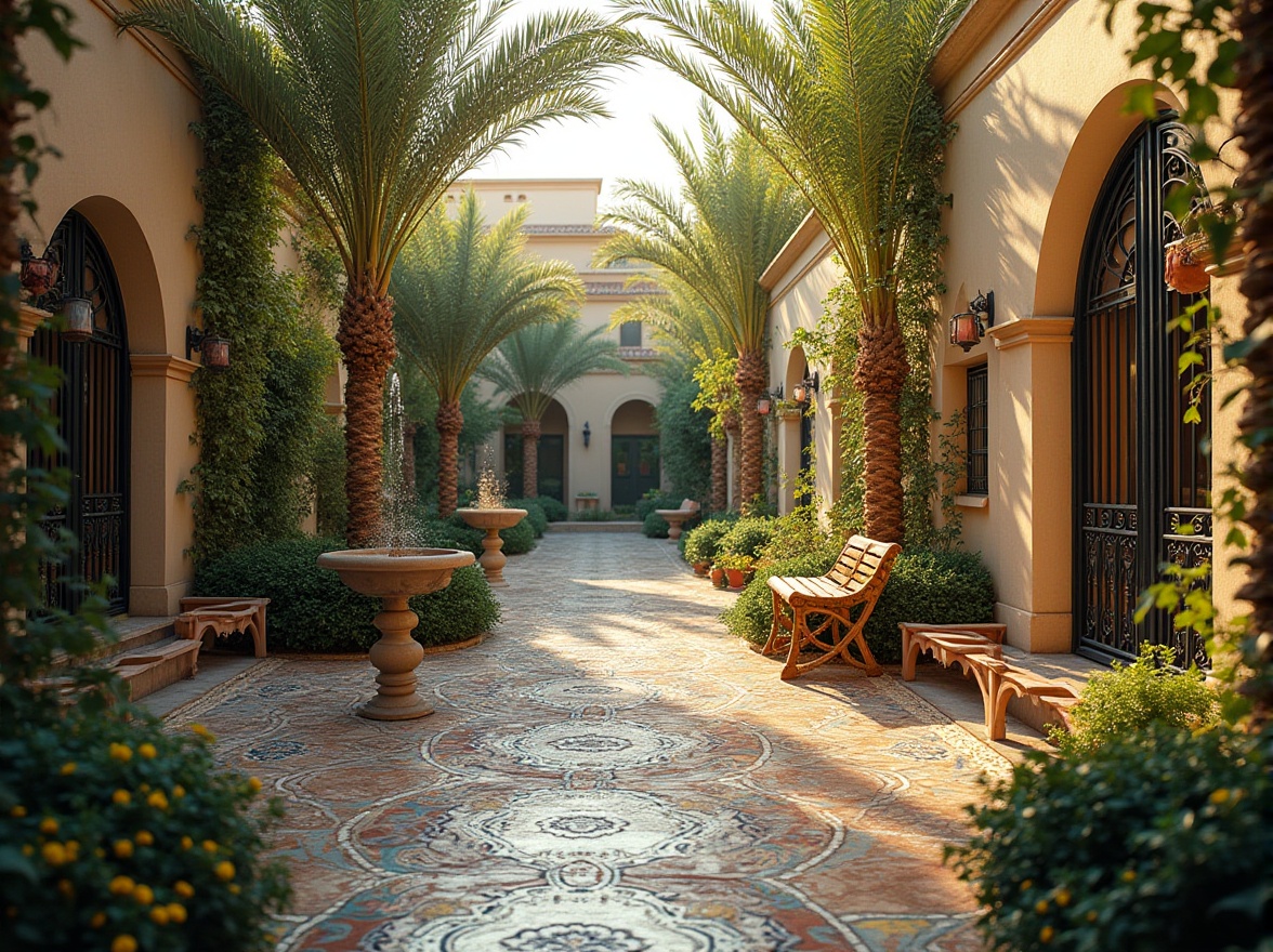 Prompt: Byzantine-style residential area, Mediterranean landscaping, lush greenery, vibrant flowers, intricate stone pathways, ornate fountain, majestic palm trees, colorful ceramic tiles, rustic wooden benches, grandiose archways, ornamental iron gates, warm golden lighting, soft focus, 3/4 composition, romantic ambiance, serene atmosphere.