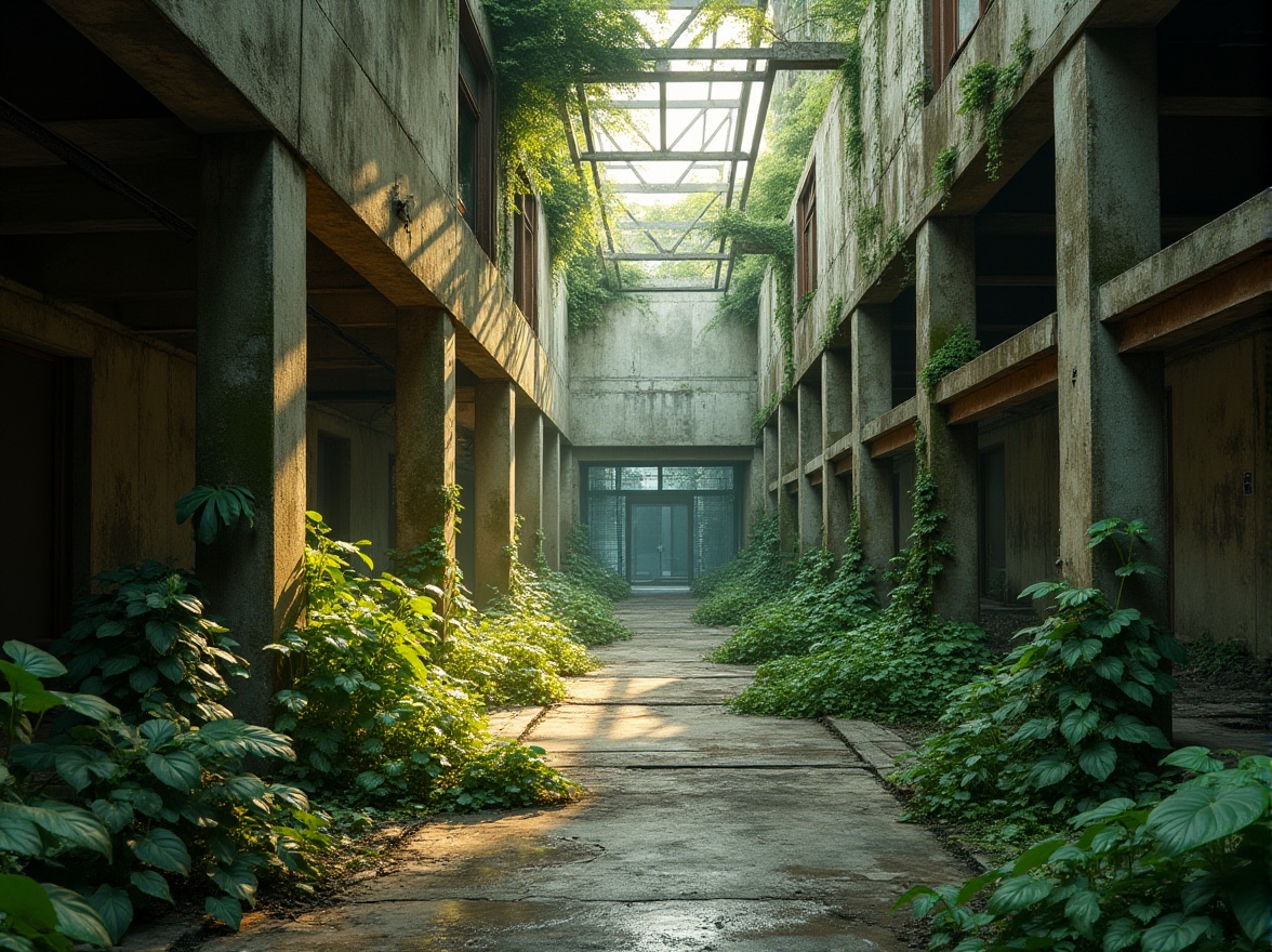 Prompt: Brutalist architecture, green accents, industrial materials, concrete walls, metal beams, urban jungle, overgrown plants, vines crawling up walls, moss-covered surfaces, reclaimed wood, natural light, atmospheric perspective, cinematic composition, shallow depth of field, dramatic shadows, warm golden lighting.