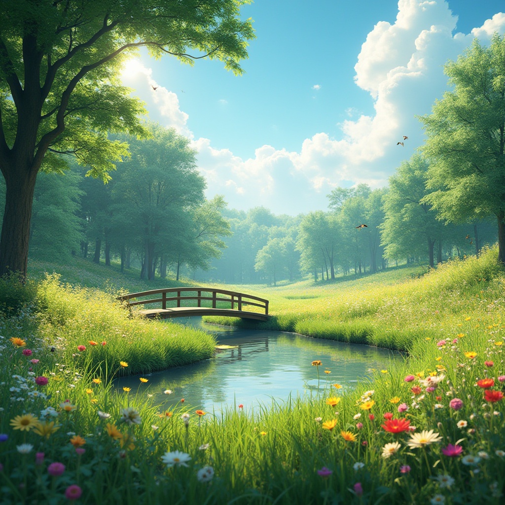 Prompt: Vibrant meadow, harmonious atmosphere, sunny day, clear blue sky, fluffy white clouds, lush green grass, colorful wildflowers blooming, bees buzzing, butterflies fluttering, small pond with gentle ripples, wooden bridge crossing over, serene forest surroundings, tall trees providing shade, soft warm light filtering through leaves, peaceful ambient sound effects, 3/4 composition, cinematic depth of field, natural textures, realistic render.