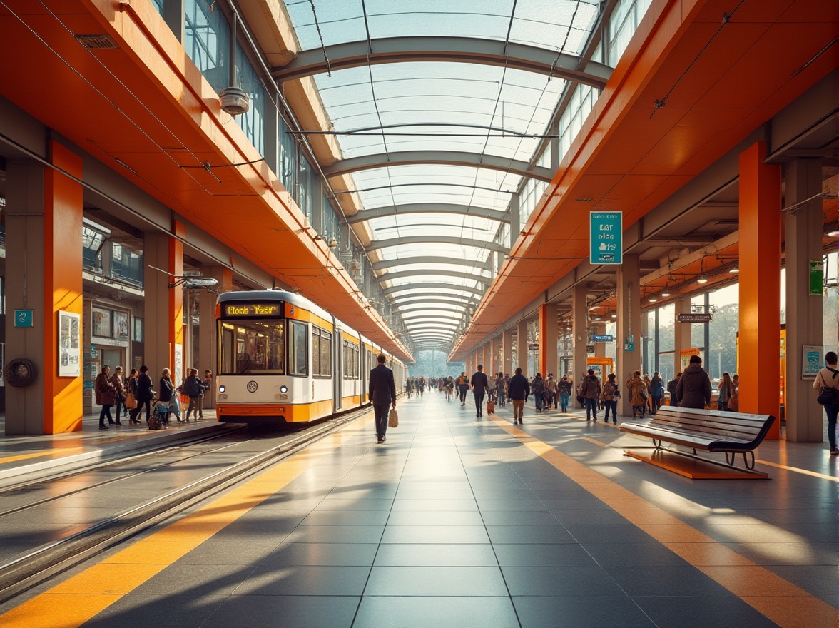 Prompt: Modern tram station, ochre color scheme, bright and vibrant, industrial style, metal beams, sleek lines, urban atmosphere, daytime, natural light pouring in through large windows, busy pedestrian traffic, tram tracks, modern tram car, glass roof, steel columns, minimalist benches, ochre-colored accents, walls, and floors, subtle gradient effect, 3/4 composition, shallow depth of field, slight blur effect, realistic rendering.