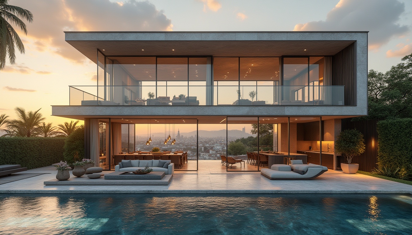 Prompt: Luxurious modern villa, sleek lines, minimalist architecture, large windows, sliding glass doors, open-plan living area, high ceilings, marble floors, elegant staircase, luxurious furniture, greenery walls, rooftop pool, city skyline view, warm sunset lighting, soft shadows, cinematic composition, 3/4 angle shot.