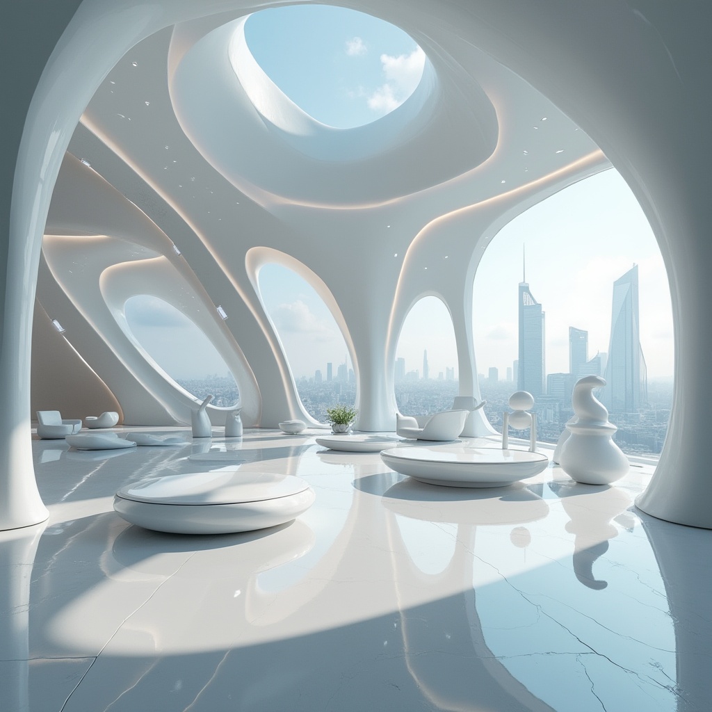 Prompt: Modern interior design, futuristic aesthetic, sleek lines, Plasticrete material, white and silver color scheme, glossy finish, smooth texture, geometric shapes, abstract sculptures, minimalist furniture, LED lighting, ambient glow, cityscape view, skyscraper, urban jungle, 3/4 composition, low-angle shot, cinematic mood, HDR rendering.