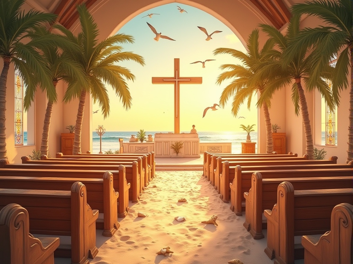 Prompt: Apricot color, warm beach church, coastal, tropical, palm trees, seagulls flying overhead, gentle ocean breeze, soft sunlight, stained glass windows, wooden pews, sandy dunes, driftwood decorations, shells and starfish adorning the altar, serene atmosphere, peaceful ambiance, warm lighting, horizontal composition, shallow depth of field.