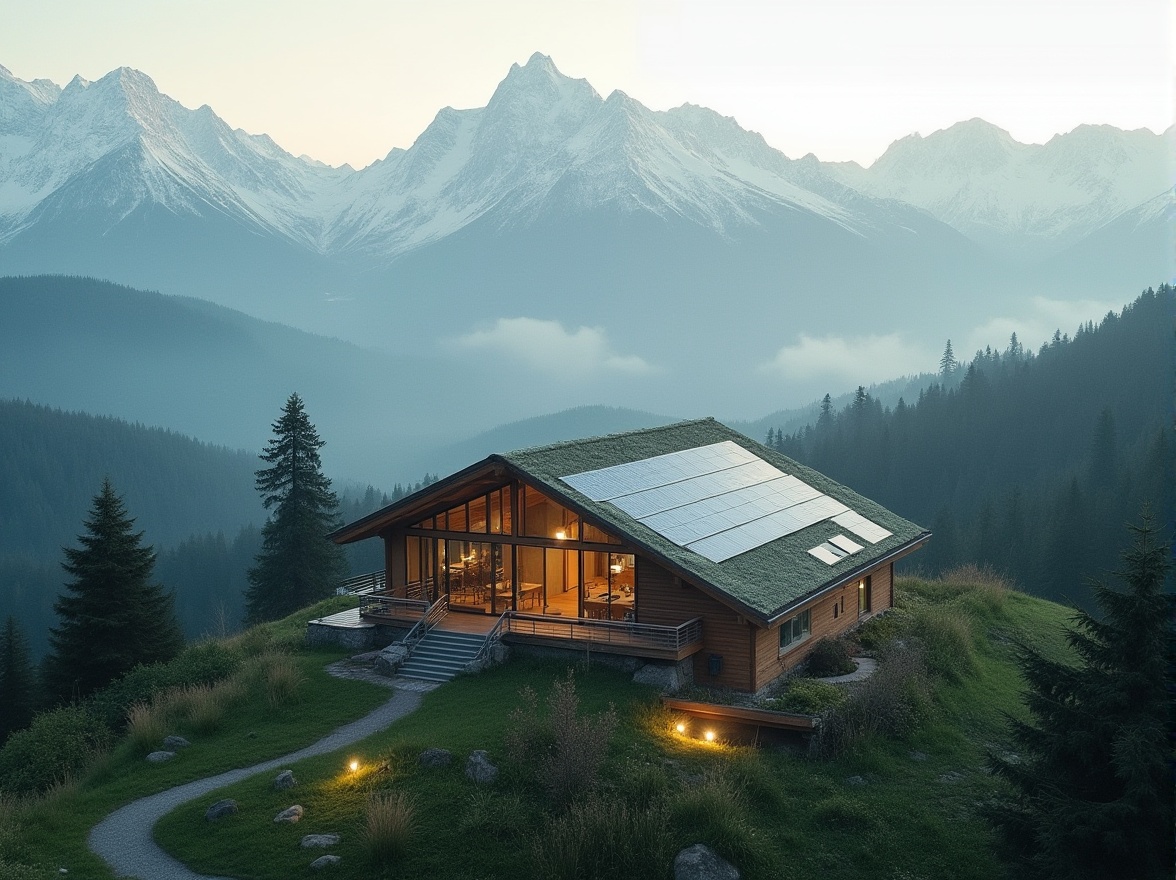 Prompt: Mountainous region, sustainable architecture, eco-friendly building, green roof, solar panels, wooden exterior, modern design, snow-capped mountains, evergreen trees, foggy atmosphere, misty morning, warm lighting, soft focus, aerial view, 3/4 composition, cinematic mood.