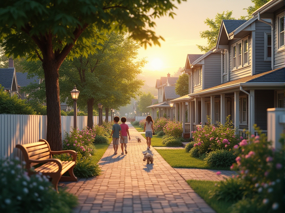 Prompt: Residential community, suburban area, tree-lined streets, cozy homes, white picket fences, blooming gardens, walking paths, children playing, pet owners strolling, street lamps, warm sunset lighting, soft focus, natural colors, 3/4 composition, harmonious atmosphere, vibrant flowers, lush greenery, wooden benches, quiet evening scene.