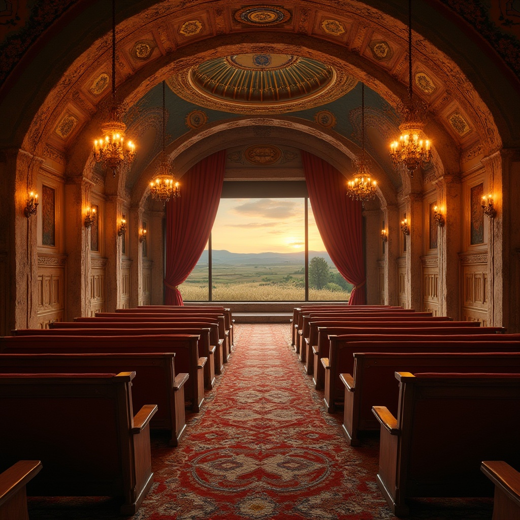 Prompt: Rural theater, Byzantine elements, golden domes, intricate mosaics, rustic wooden benches, ancient stone walls, candlelit ambiance, velvet drapes, richly patterned carpets, ornate chandeliers, rural landscape backdrop, rolling hills, wheat fields, sunset glow, warm soft lighting, dramatic shadows, 3/4 composition, cinematic framing.