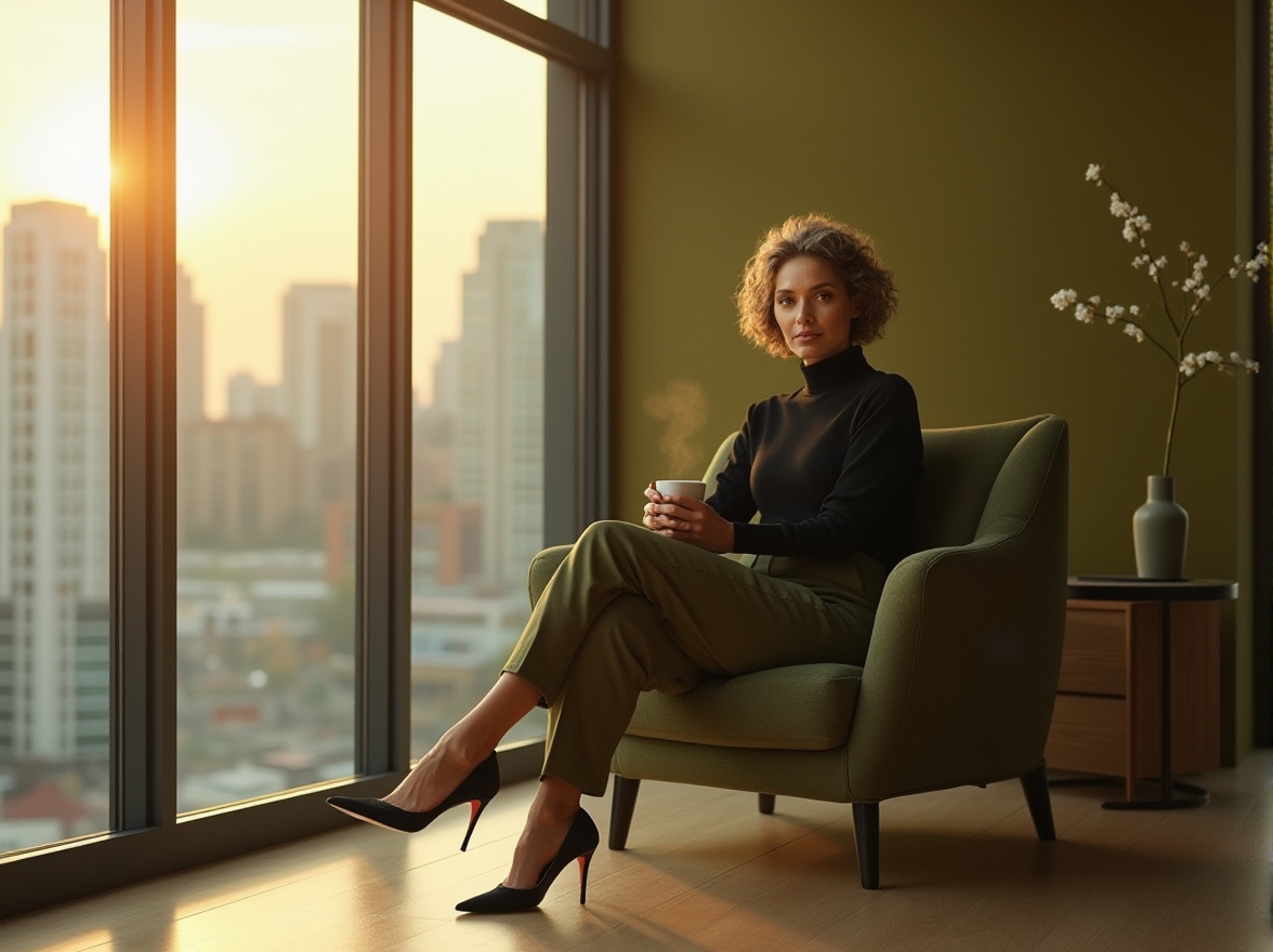 Prompt: olive green accent wall, modern minimalist interior, elegant mature lady, 30s, curly short hair, subtle makeup, black turtleneck sweater, high-waisted olive green pants, stiletto heels, sitting on a sleek low-back armchair, legs crossed, holding a cup of coffee, warm afternoon sunlight, large floor-to-ceiling windows, urban cityscape view, soft focus background, 3/4 composition, shallow depth of field, natural lighting, realistic texture.