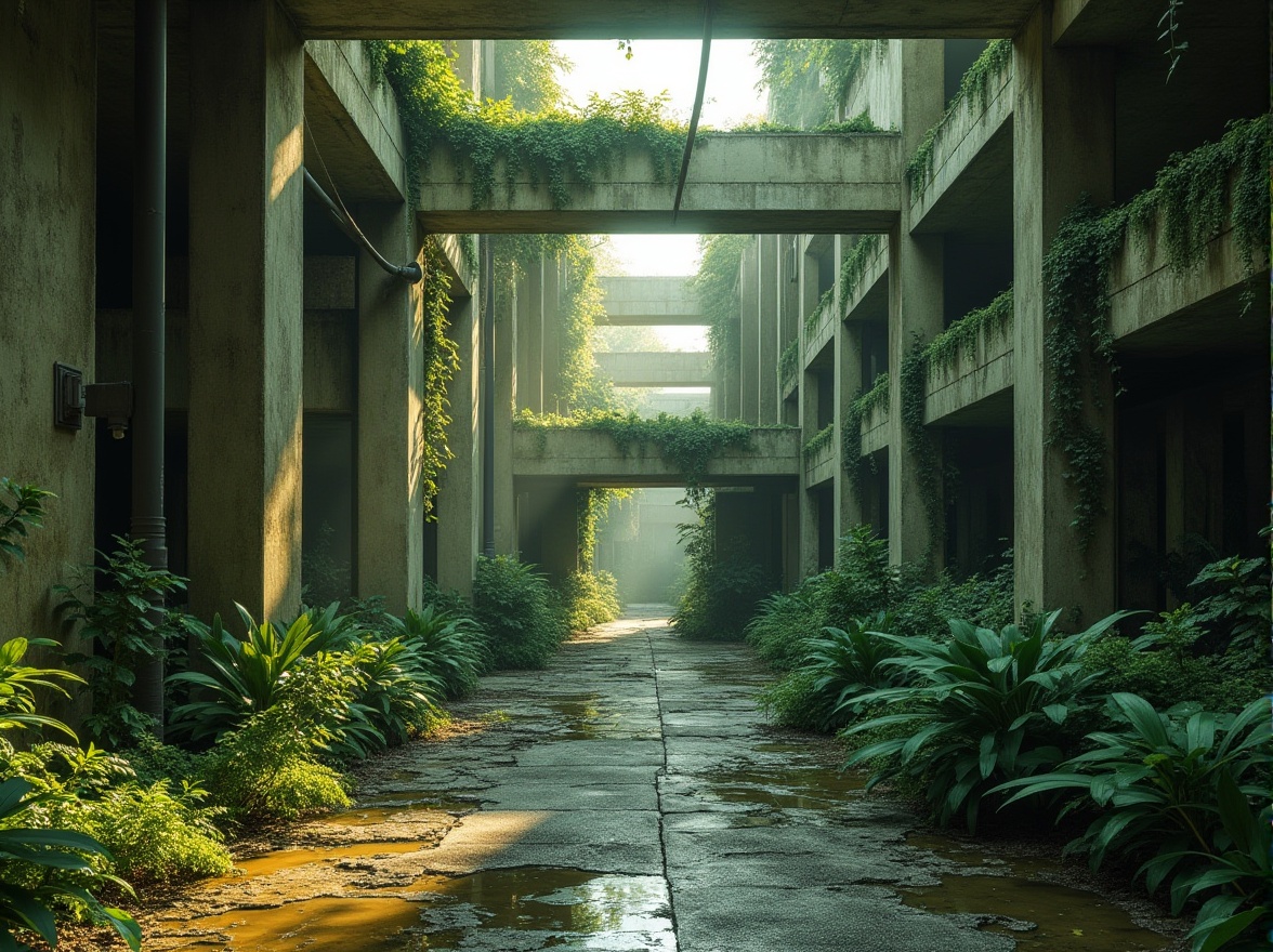 Prompt: Brutalist architecture, green accents, abstract shapes, concrete walls, steel beams, industrial pipes, urban jungle, lush foliage, vines crawling up walls, moss-covered surfaces, geometric patterns, natural light pouring through openings, dramatic shadows, low-angle shot, 3/4 composition, warm ambient lighting, cinematic mood, futuristic tone, retro-futuristic elements, distressed textures, earthy tones.